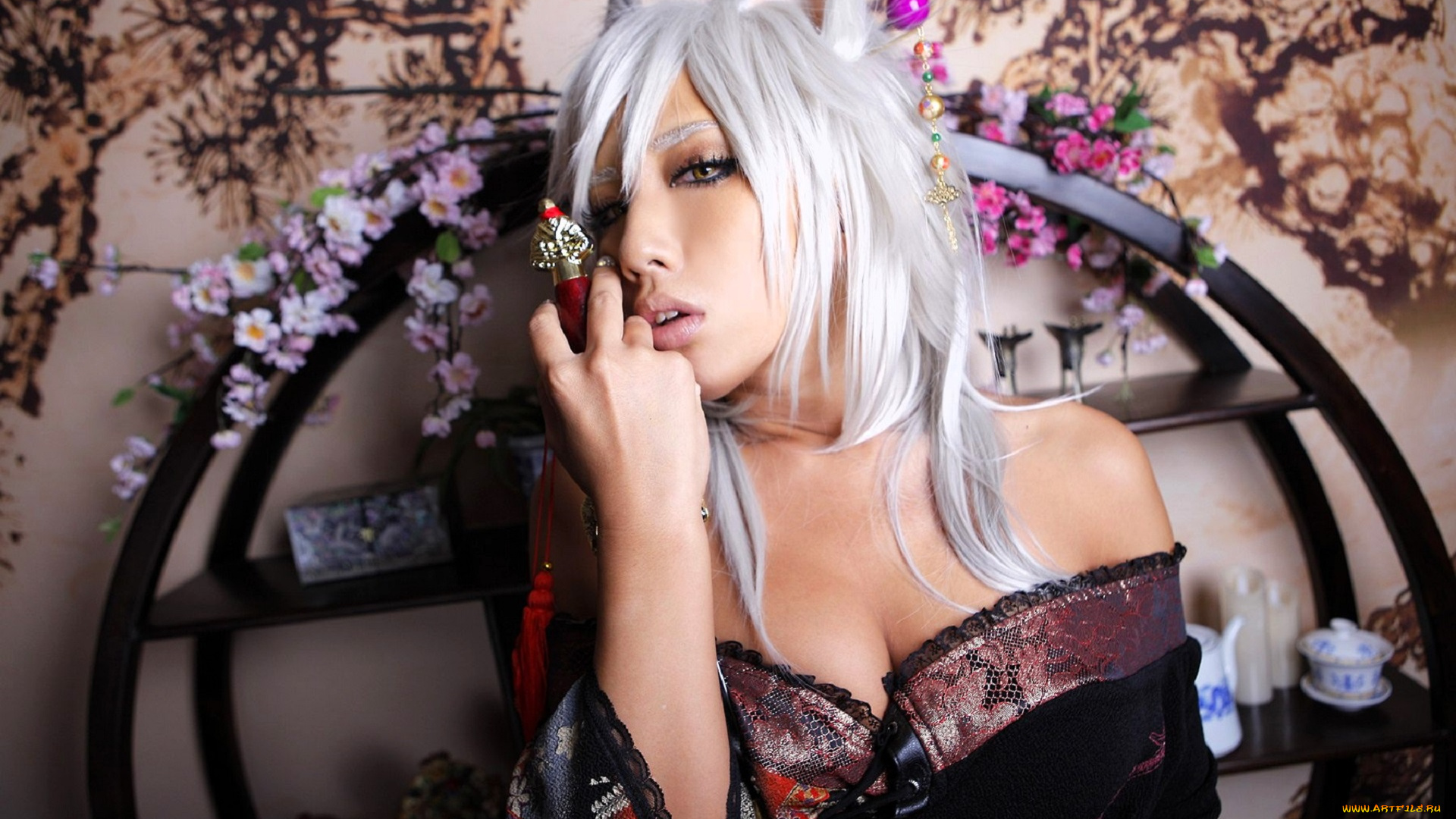 девушки, nonsummerjack, образ, косплей, наряд, костюм, ушки, цветы