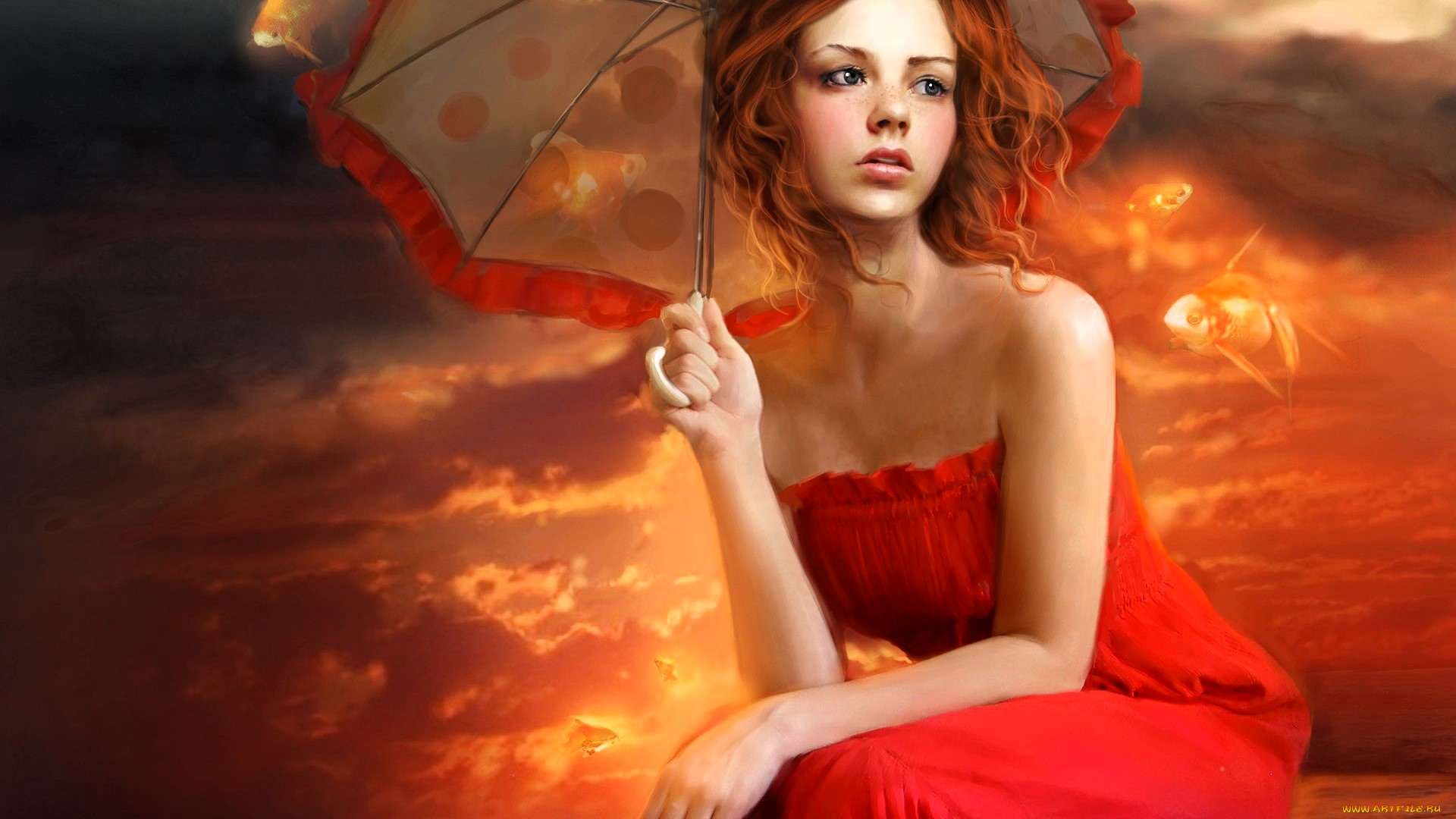 фэнтези, девушки, девушка, платье, зонт, рыбы