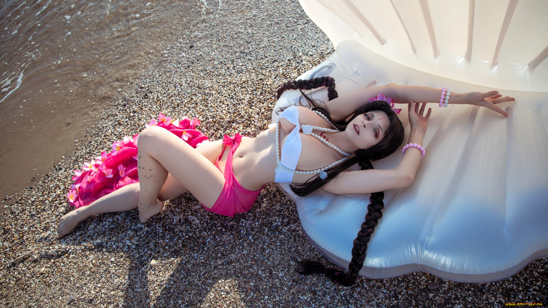 mari, aisu, девушки, образ, косплей, наряд, костюм, ракушка, косы, бусы, море, купальник