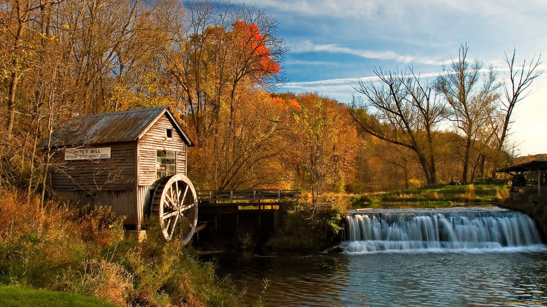 разное, мельницы, лес, осень, мельница, река, водопад