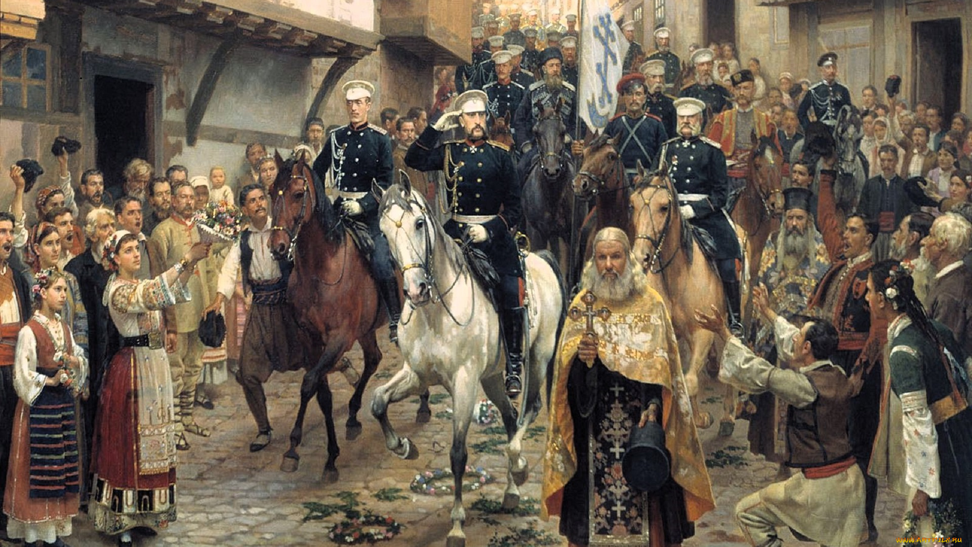 рисованное, николай, дмитриев-оренбургский, город, улица, люди, священники, всадники