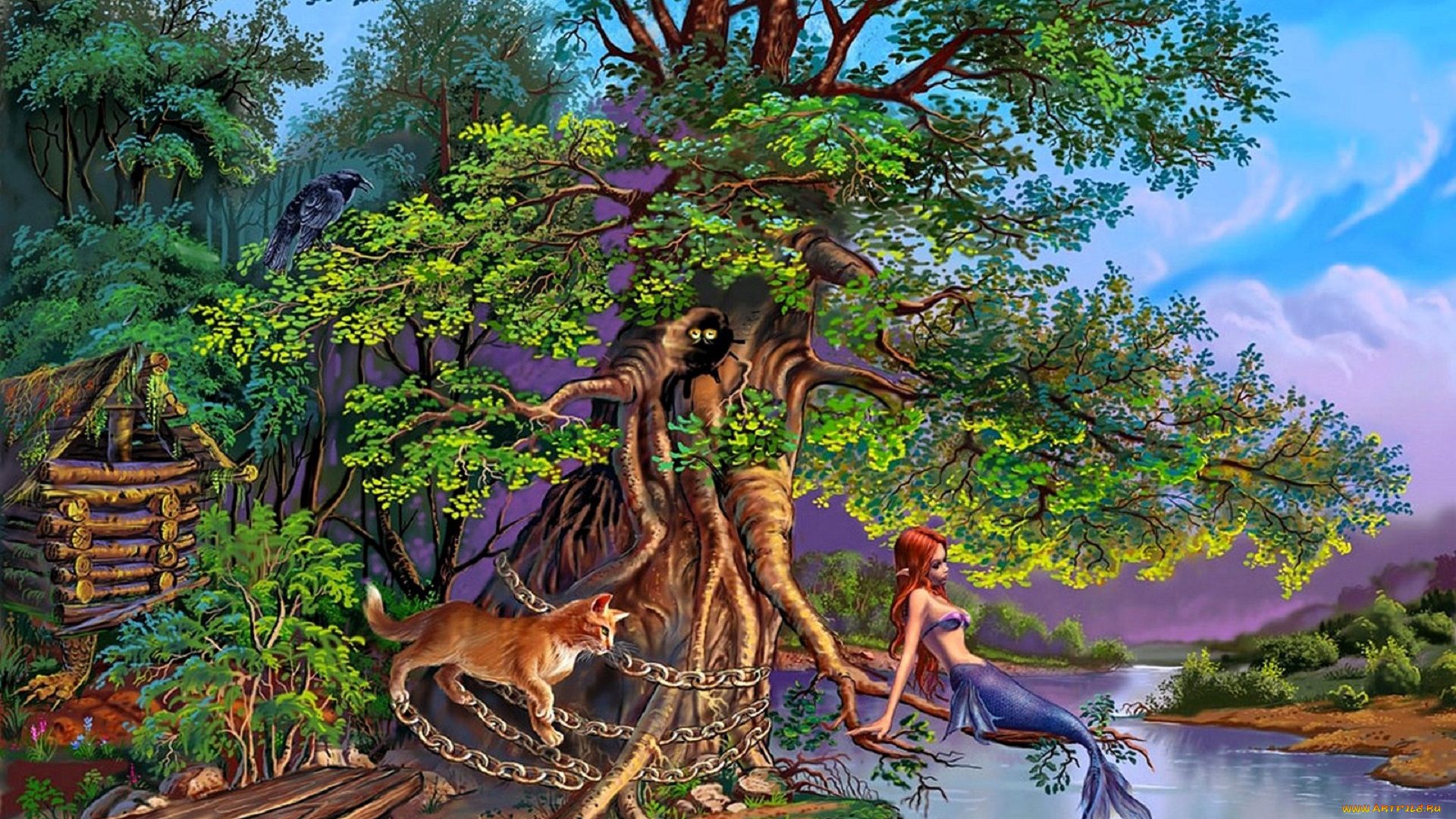 рисованное, виктор, цыганов, лукоморье, дуб, лес, русалка, избушка, цепь, кот, река