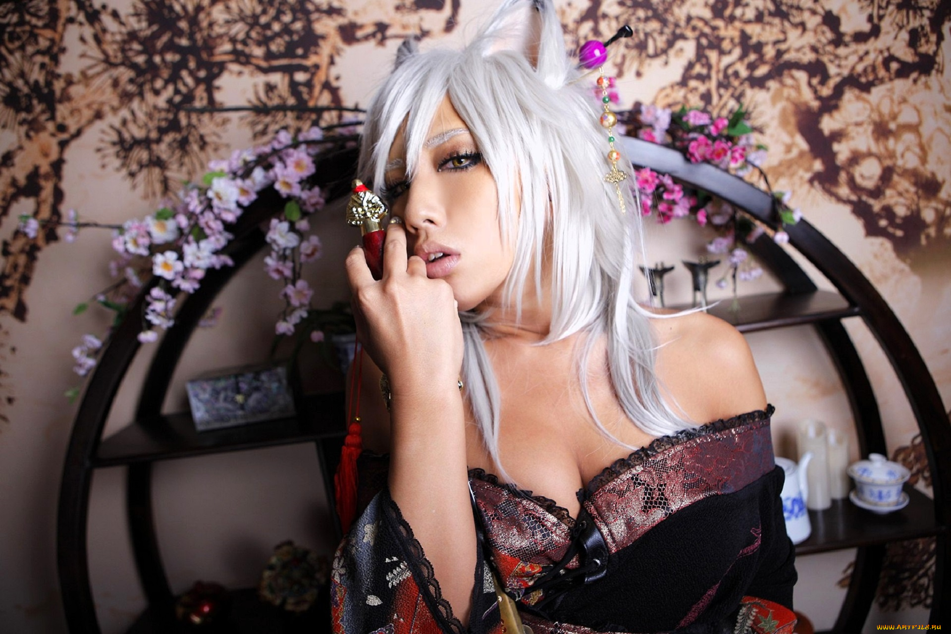 девушки, nonsummerjack, образ, косплей, наряд, костюм, ушки, цветы