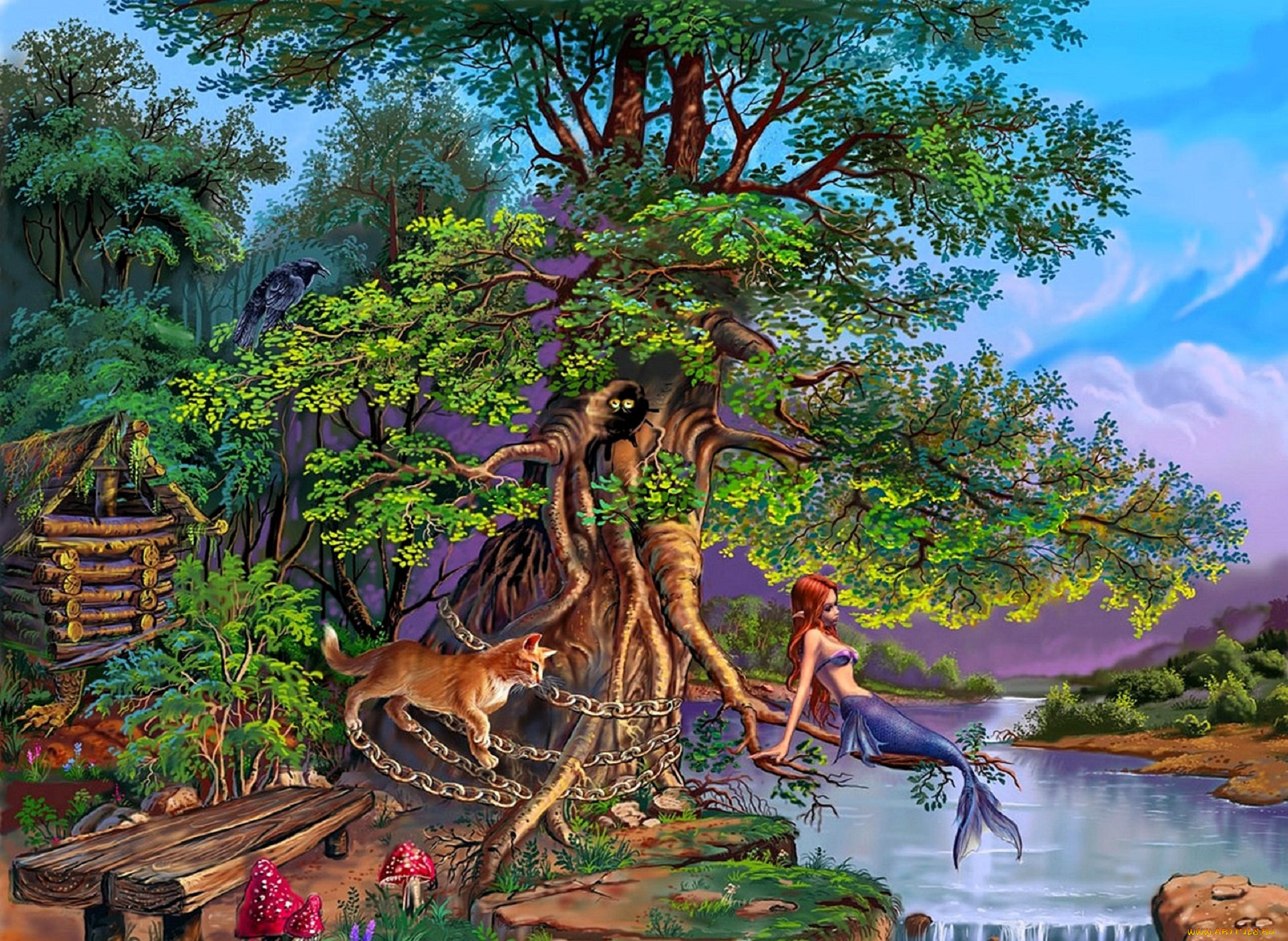 рисованное, виктор, цыганов, лукоморье, дуб, лес, русалка, избушка, цепь, кот, река