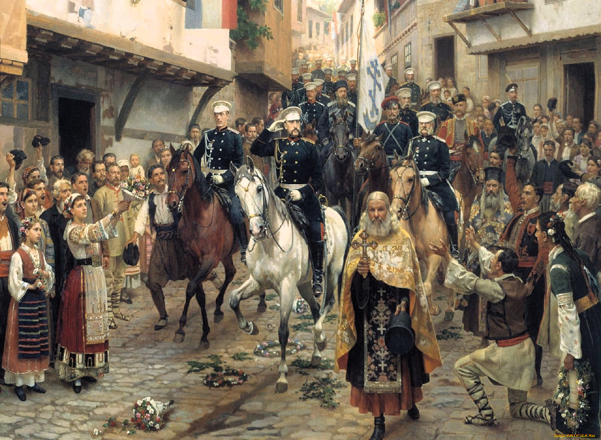 рисованное, николай, дмитриев-оренбургский, город, улица, люди, священники, всадники