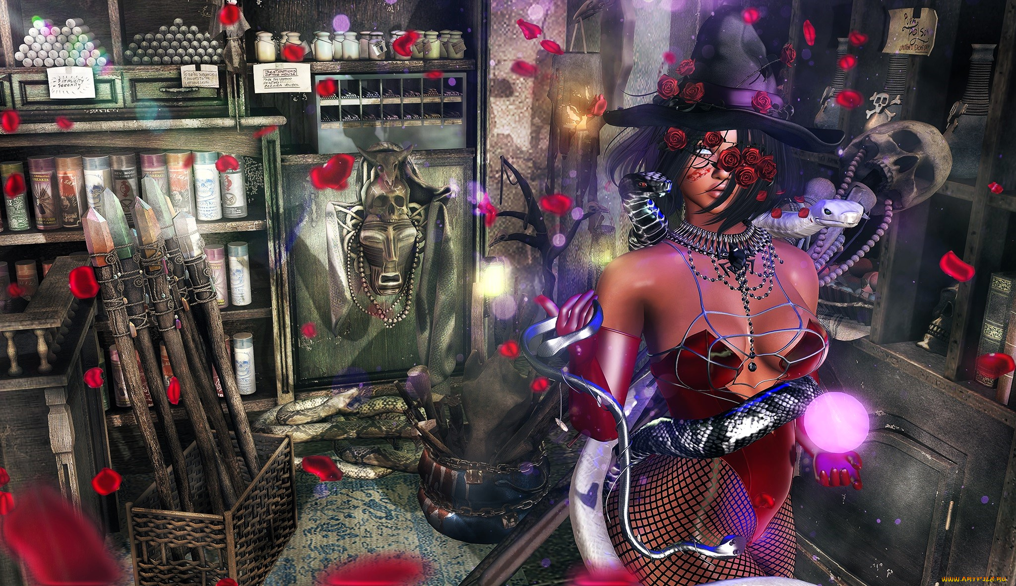 3д, графика, фантазия, , fantasy, девушка, шляпа, боди, змея, магия, полки, лепестки