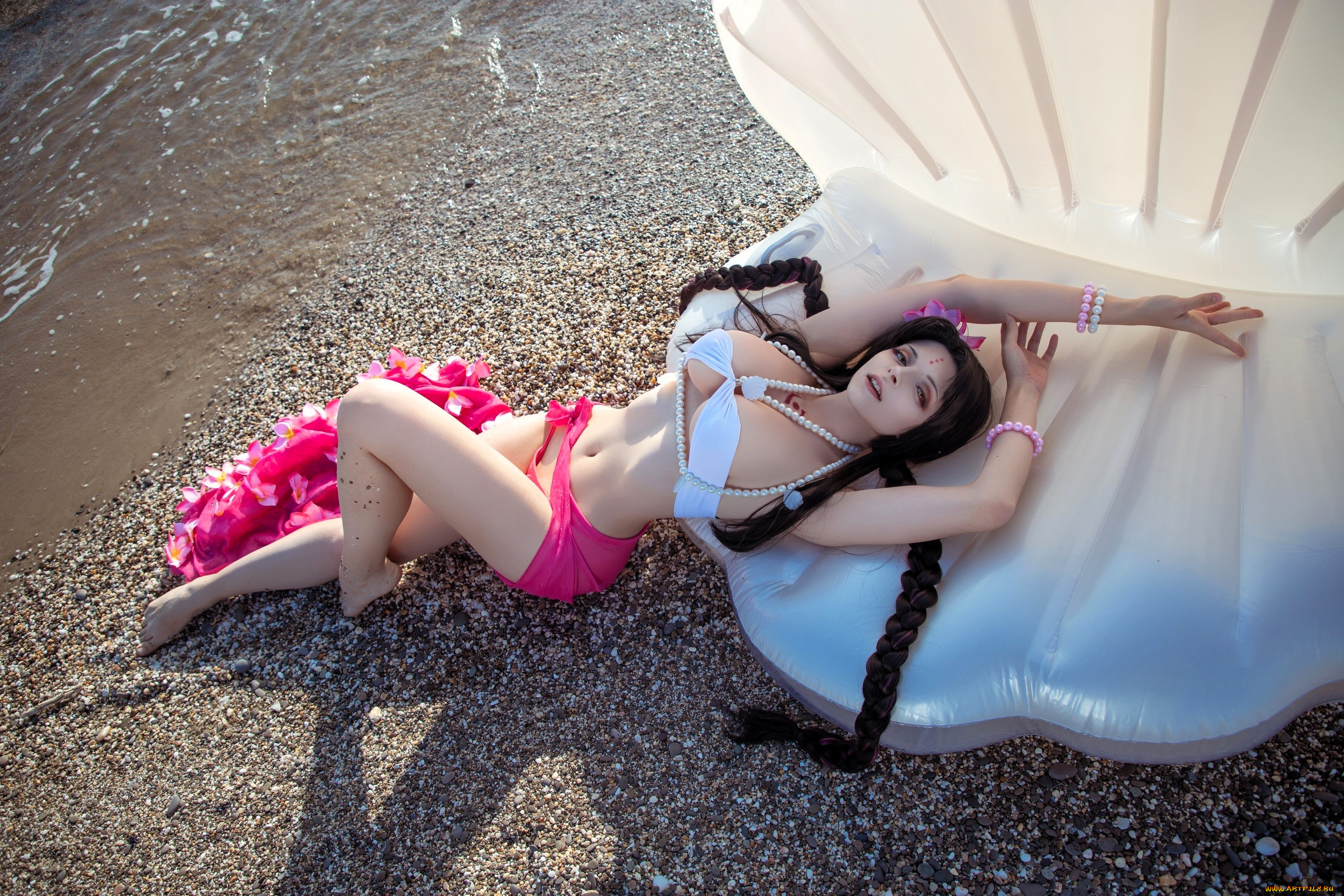 mari, aisu, девушки, образ, косплей, наряд, костюм, ракушка, косы, бусы, море, купальник