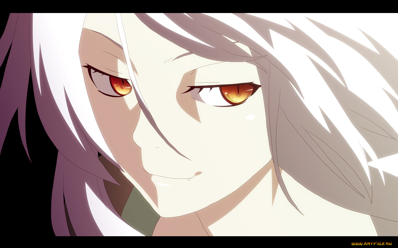 аниме, bakemonogatari, hanekawa, tsubasa, девушка, лицо, взгляд, клыки
