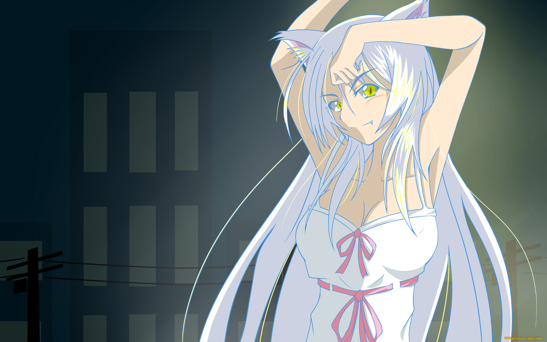 аниме, bakemonogatari, hanekawa, tsubasa, дом, девушка, платье, ушки, кошка, лента, бант