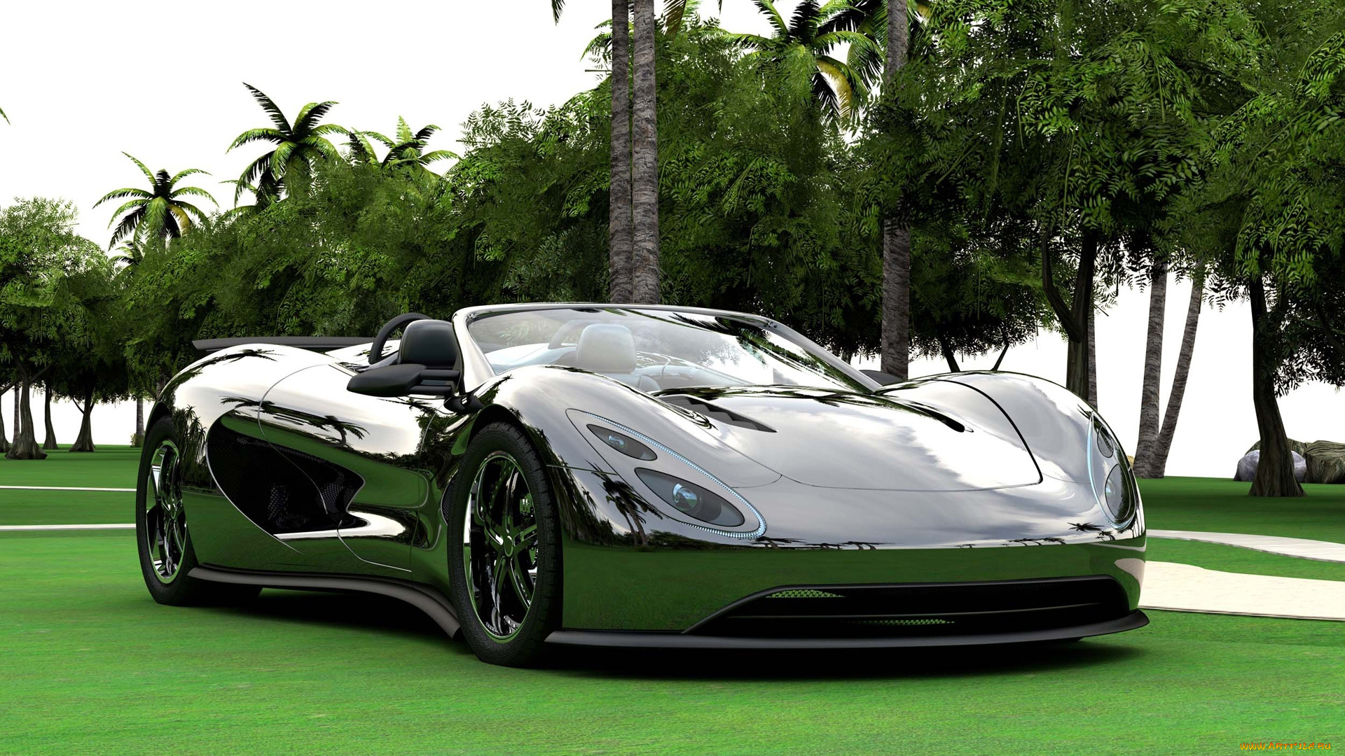 автомобили, 3д, суперкар, трава, дорога, деревья, небо