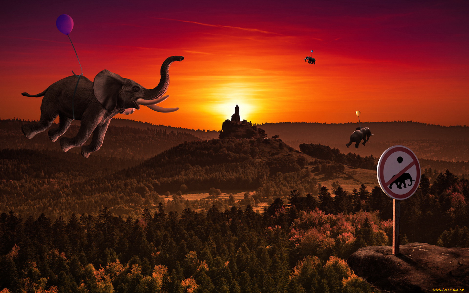 разное, компьютерный, дизайн, слоны, закат, замок