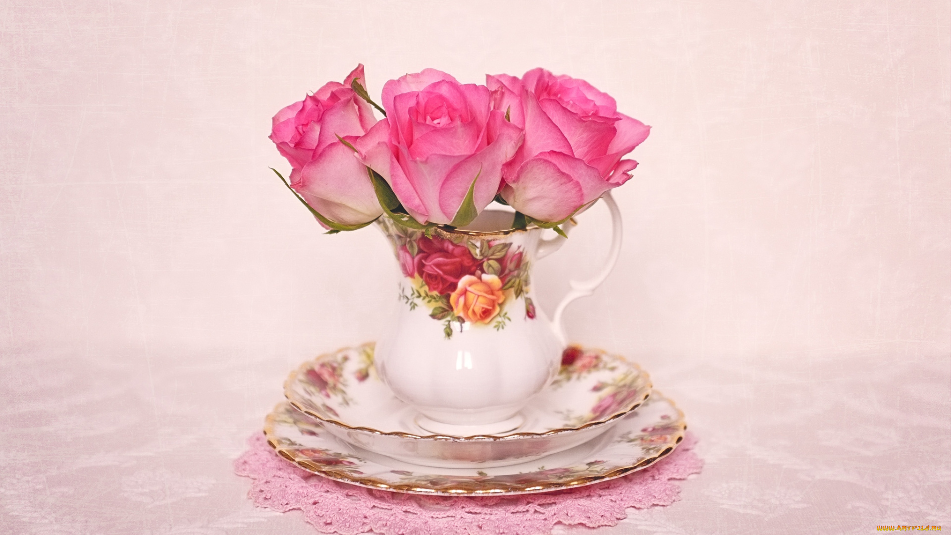 цветы, розы, чашка, трио