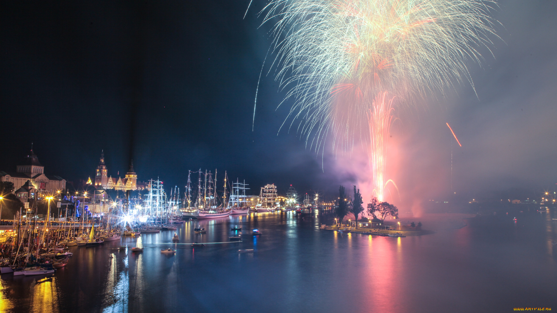 города, огни, ночного, szczecin, салют, город, poland