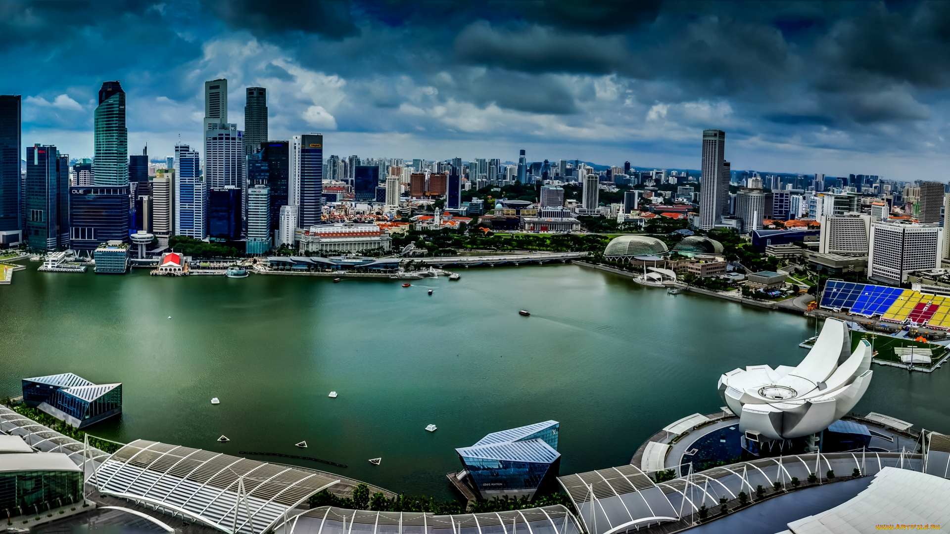 города, сингапур, панорама, вид, сверху