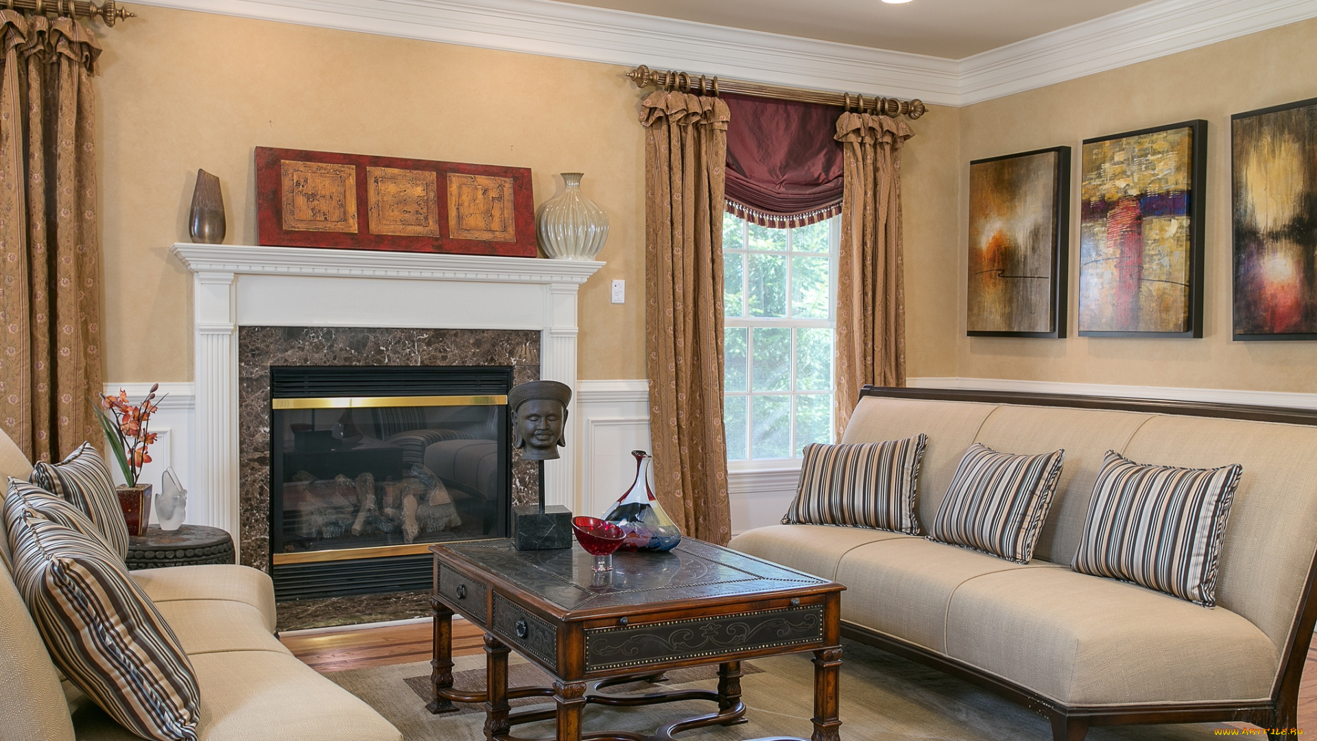 интерьер, гостиная, диваны, столик, камин