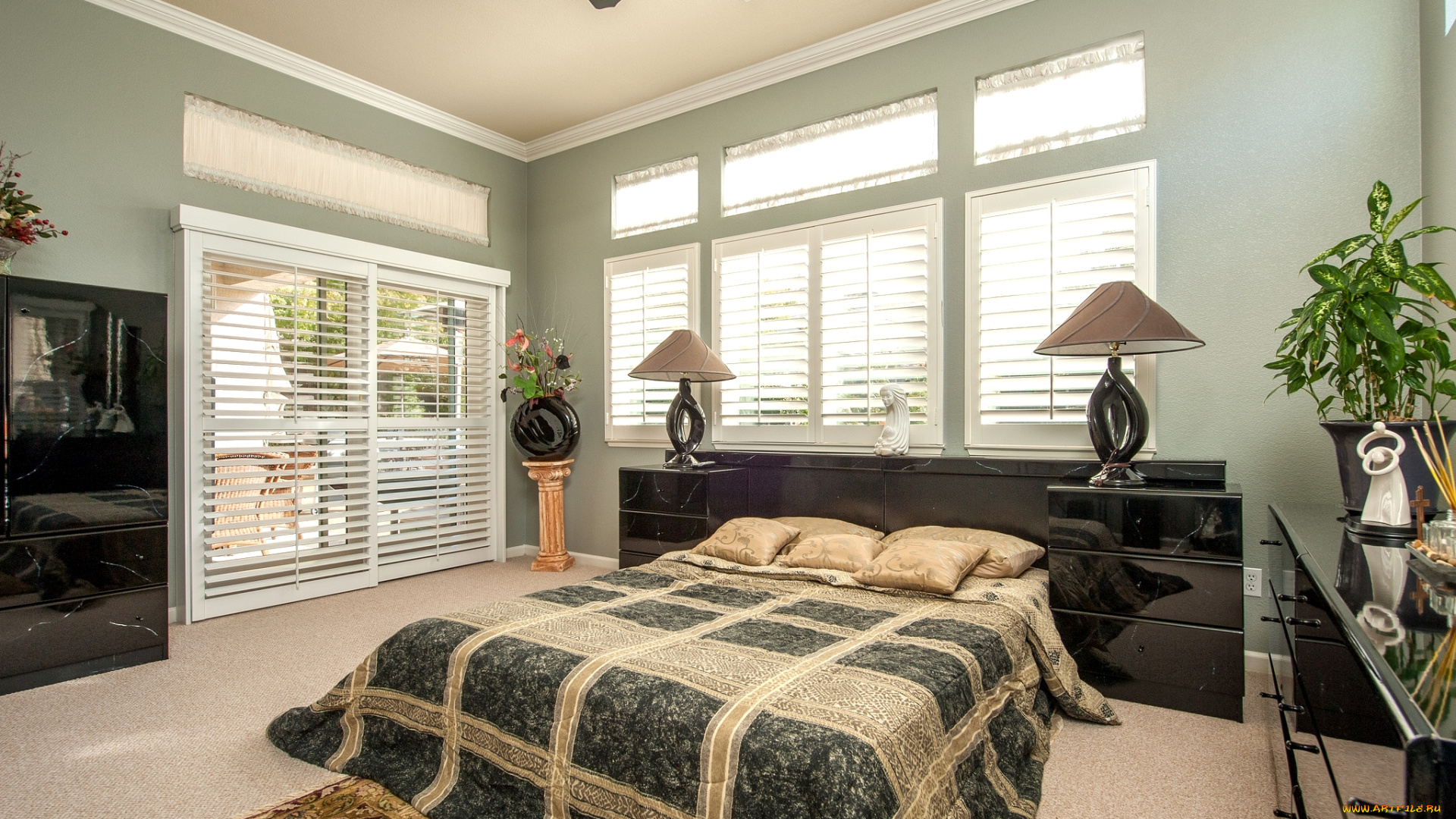 интерьер, спальня, лампы, кровать