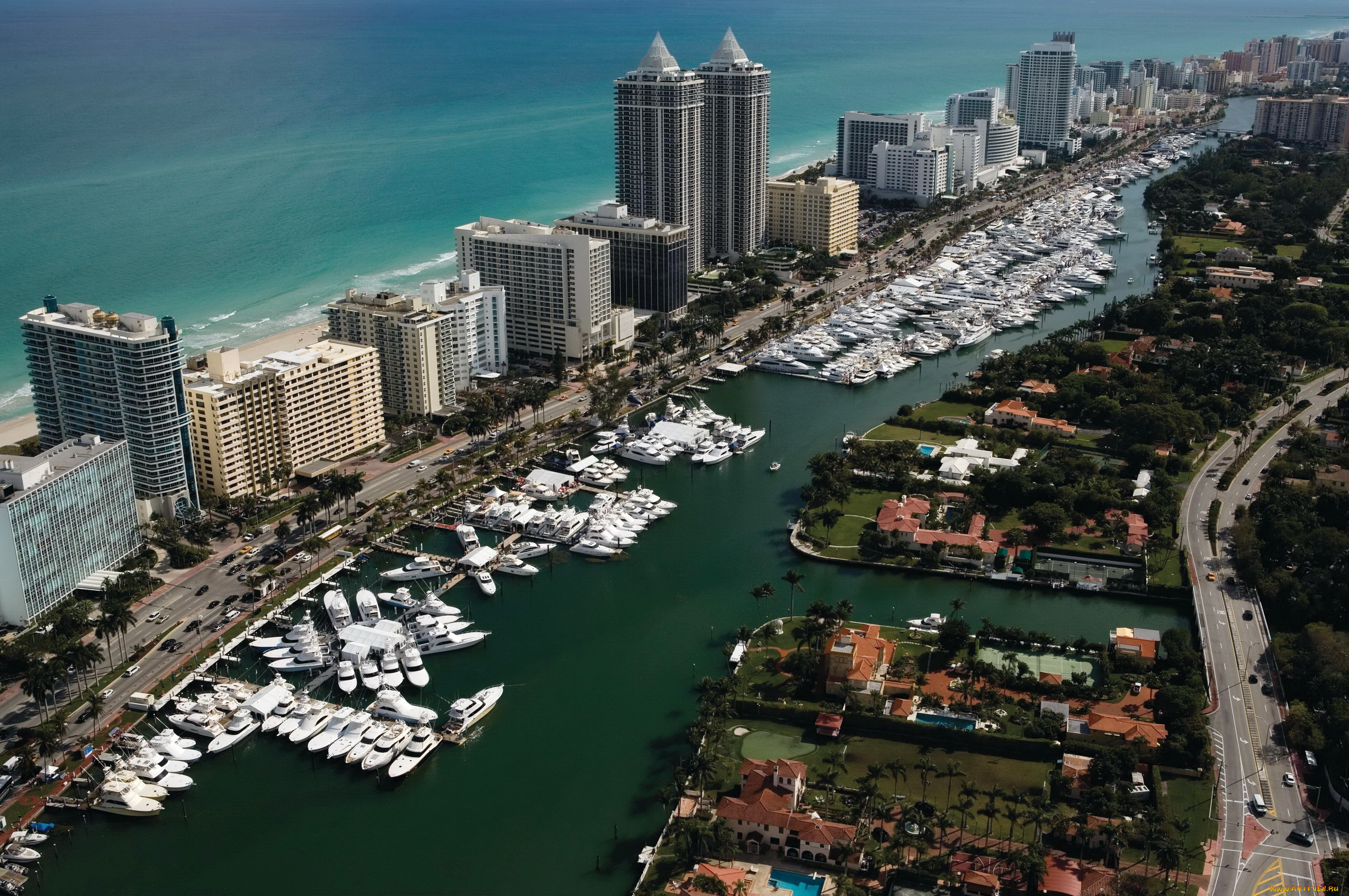 города, панорамы, море, панорама, дома, майами