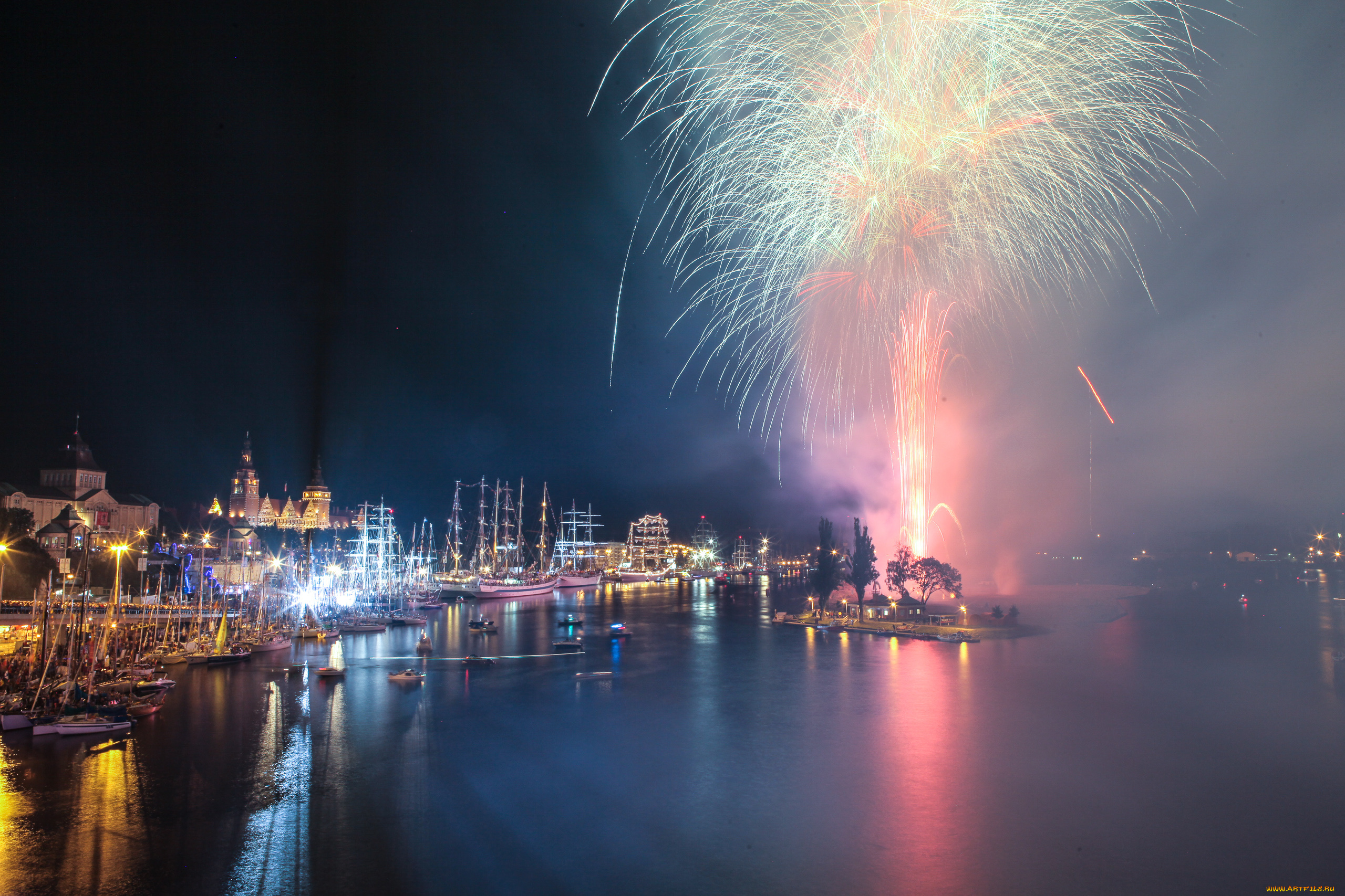 города, огни, ночного, szczecin, салют, город, poland