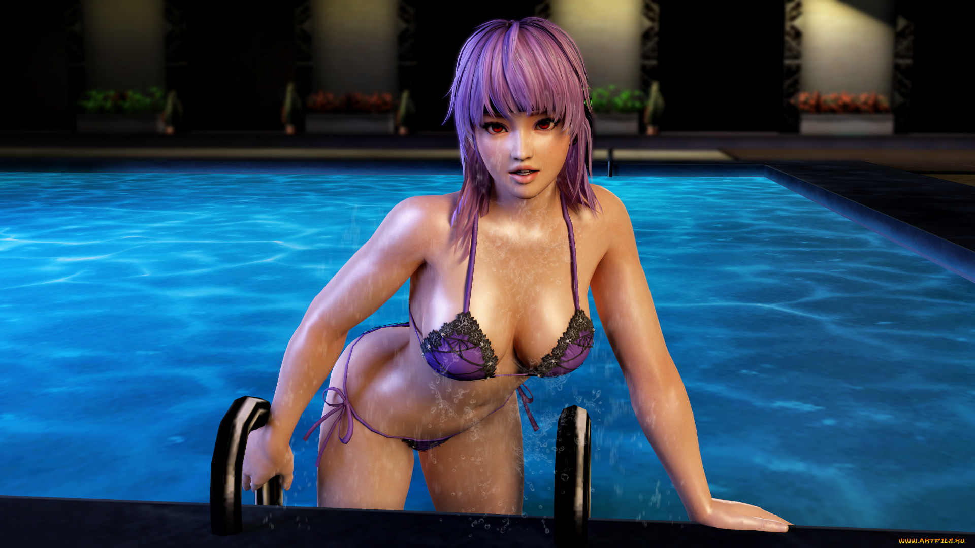 3д, графика, аниме, , anime, девушка, взгляд, фон, бассейн