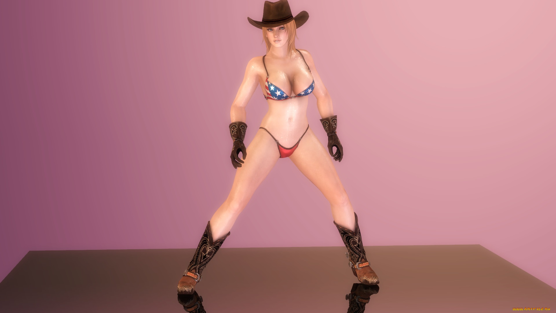 3д, графика, аниме, , anime, купальник, девушка, сапоги, шляпа, фон, взгляд