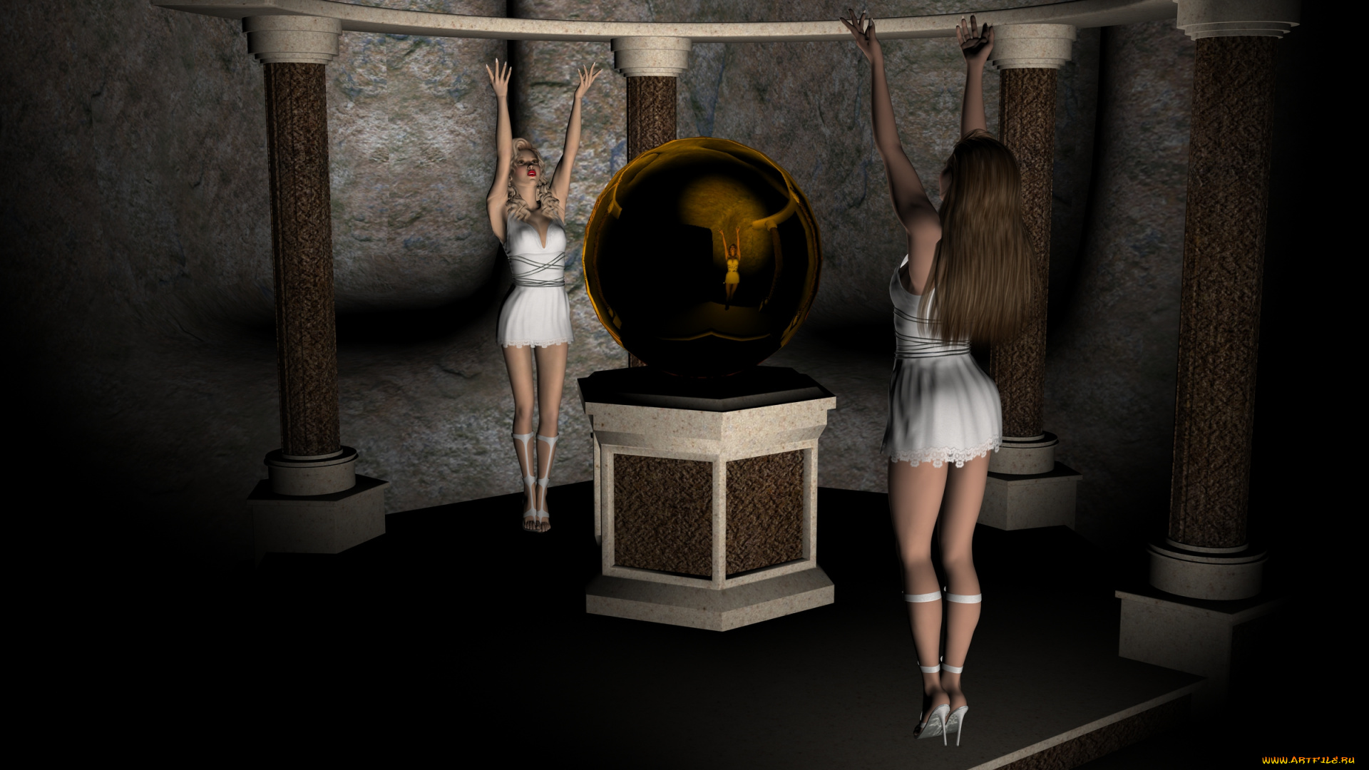 3д, графика, фантазия, , fantasy, колоны, шар, девушки