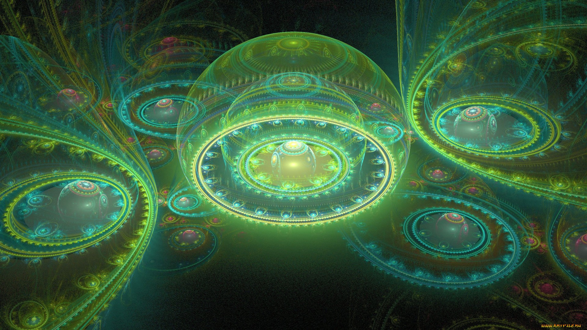 3д, графика, фракталы, , fractal, зеленый, сферы, полусферы, орнамент, узор, купола, шары