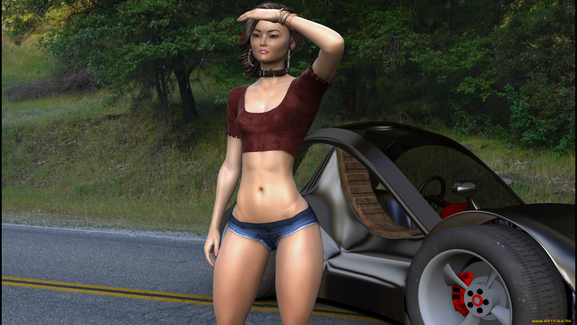 3д, графика, люди, , people, девушка, взгляд, фон, автомобиль