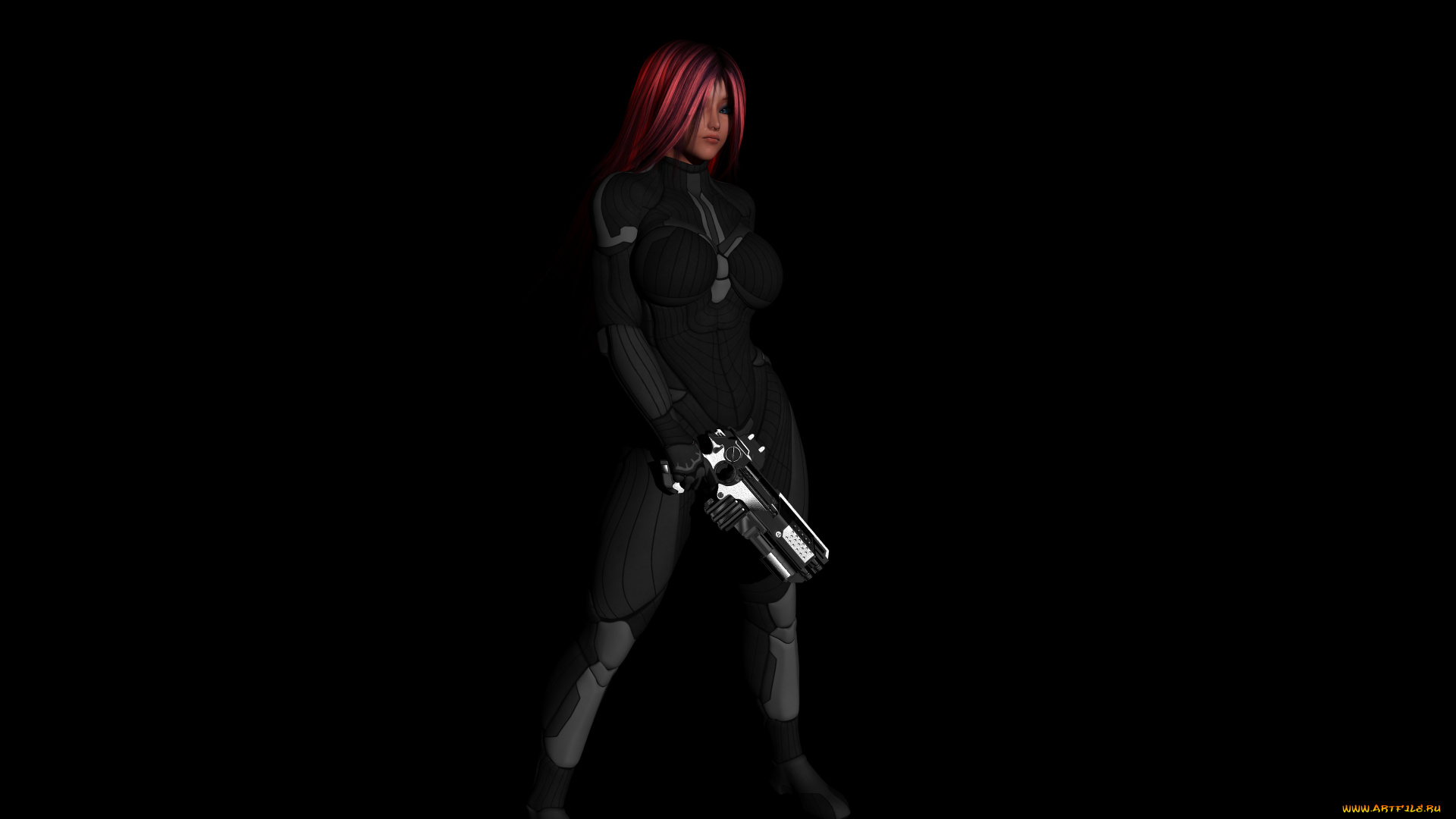 3д, графика, люди, , people, взгляд, девушка, оружие, рыжая, фон