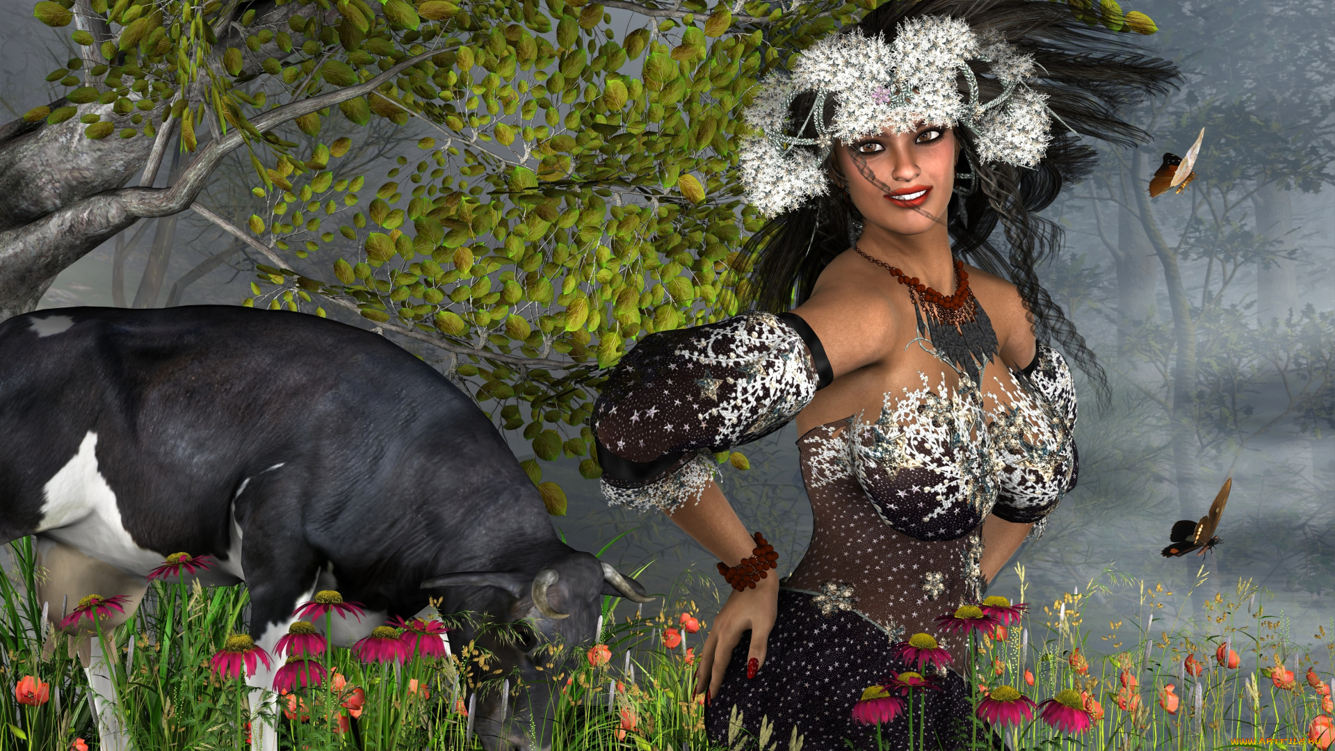 3д, графика, люди, , people, взгляд, девушка, дерево, улыбка, цветы, корова