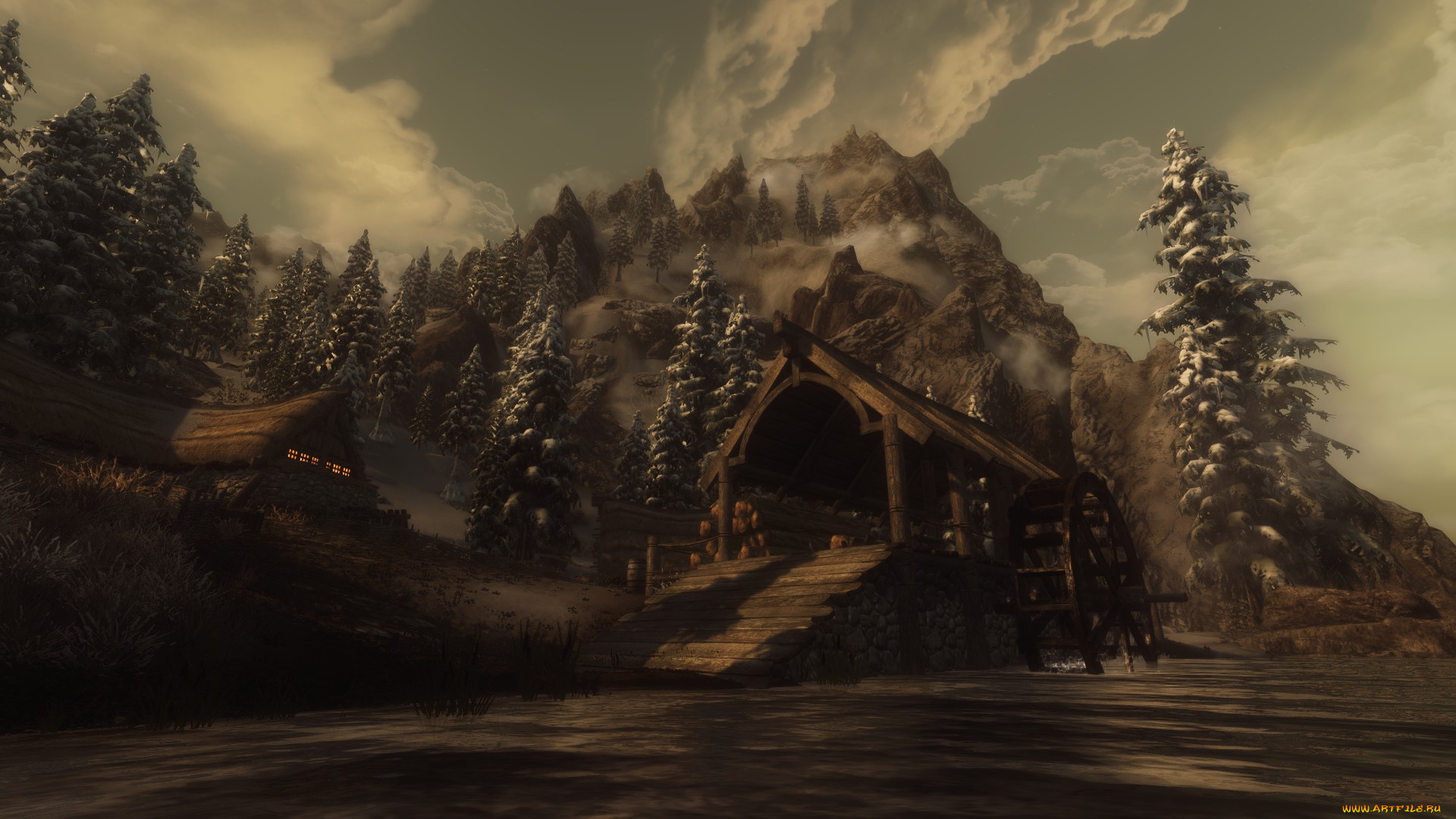 3д, графика, природа, , nature, деревья, горы, дом, облака