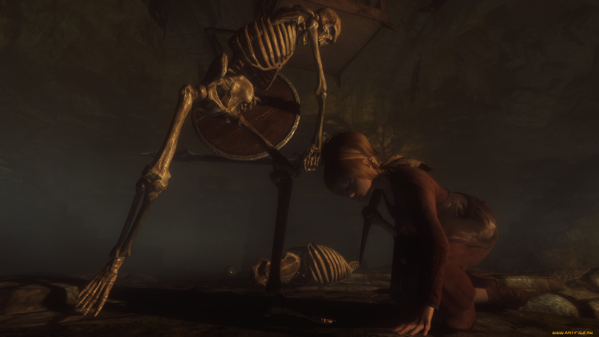 3д, графика, ужас, , horror, скелеты, фон, взгляд, девушка