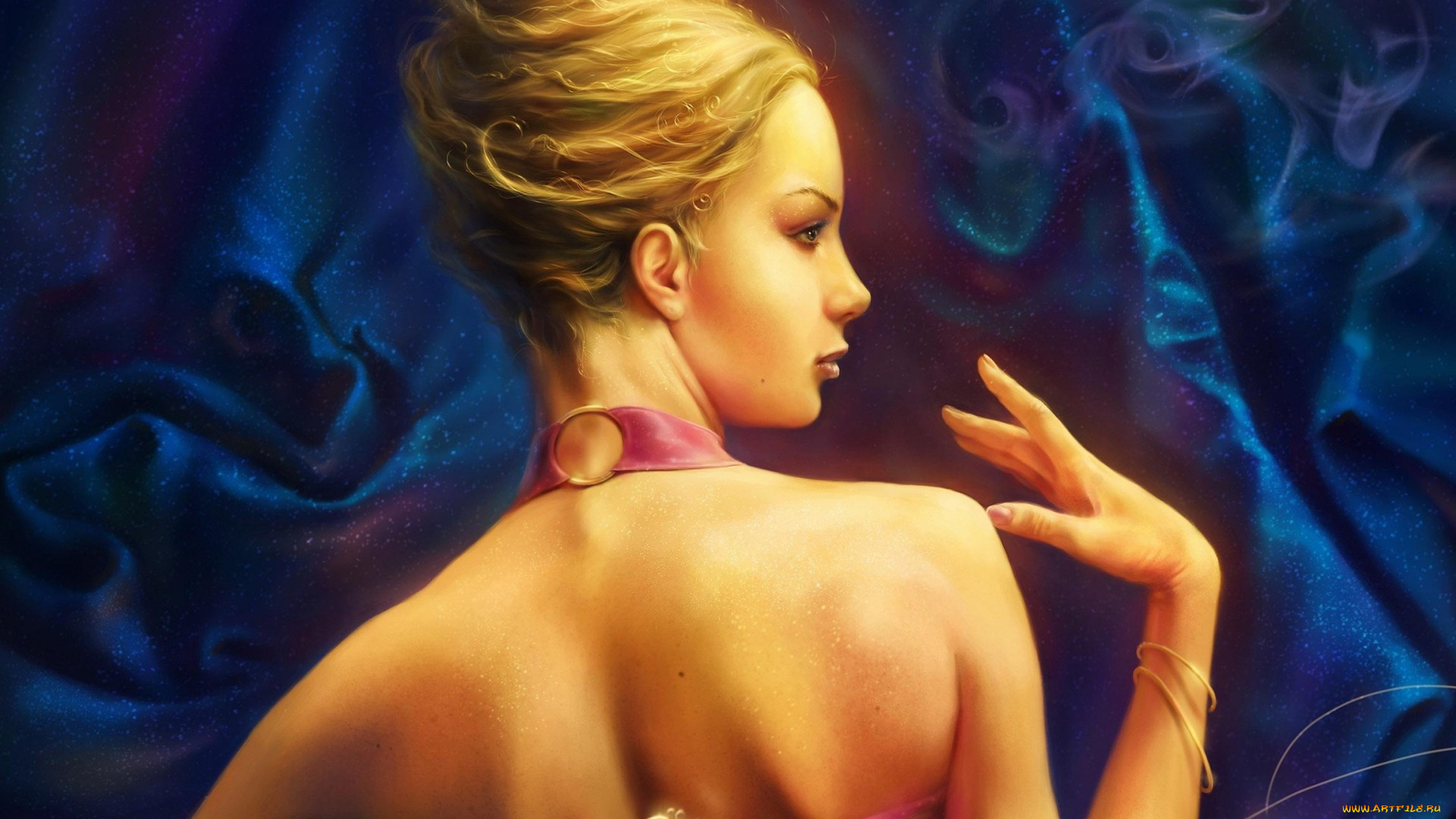 рисованное, люди, eldar, zakirov, девушка, прическа, волосы, рука, браслет, спина, фон