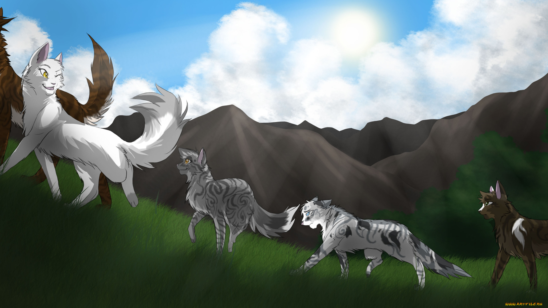 рисованное, животные, , коты, коты, горы, облака