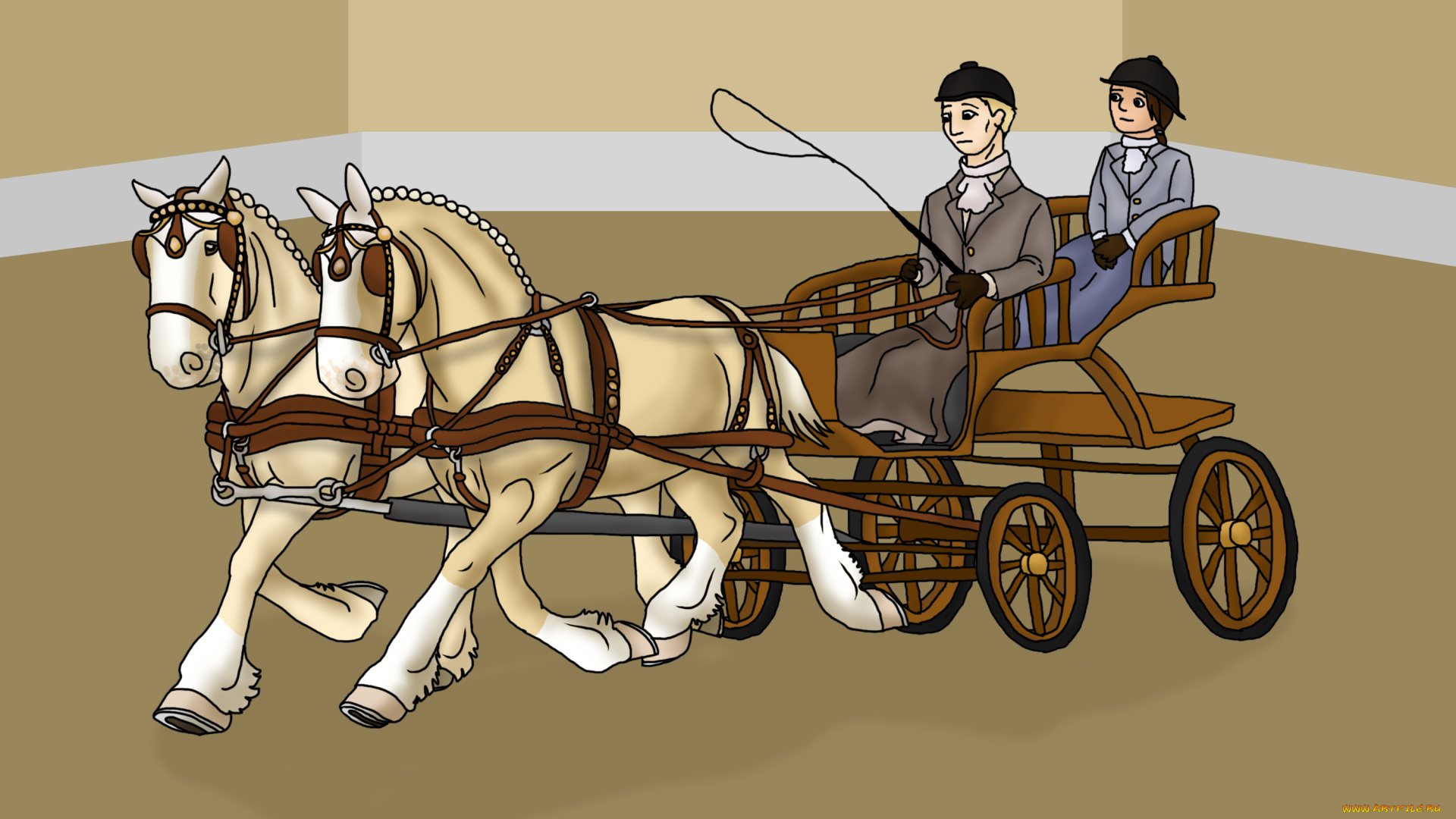 рисованное, животные, , лошади, лошади, люди, тележка