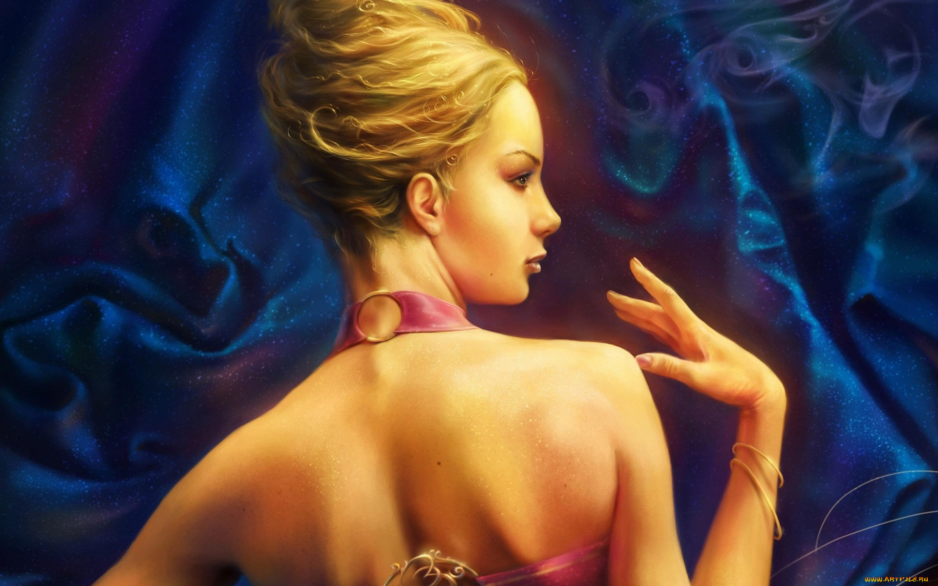 рисованное, люди, eldar, zakirov, девушка, прическа, волосы, рука, браслет, спина, фон