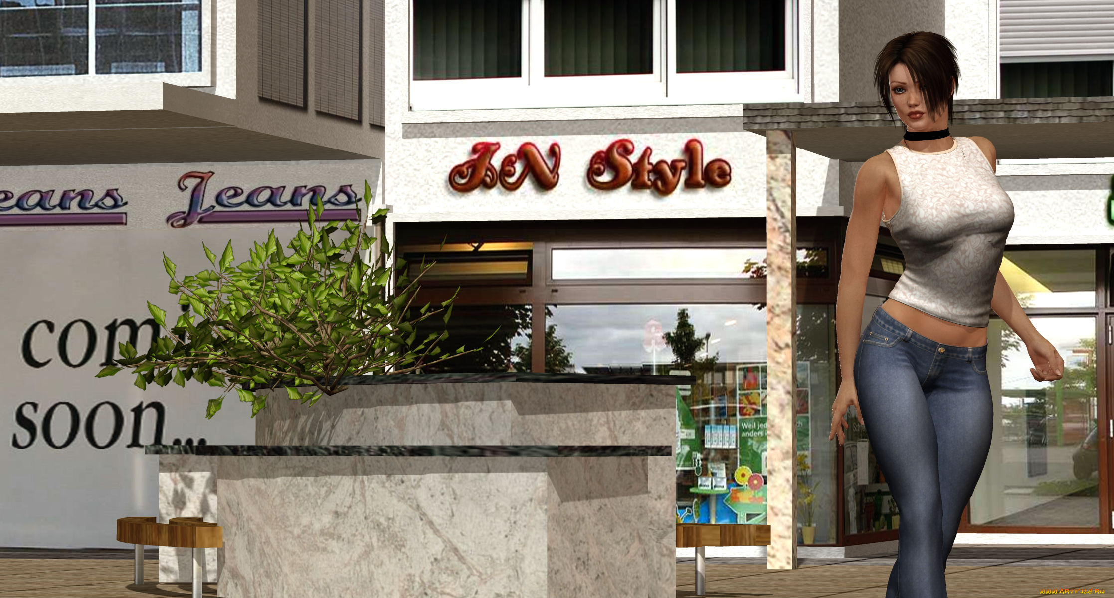 3д, графика, люди, , people, улица, окна, взгляд, дом, девушка