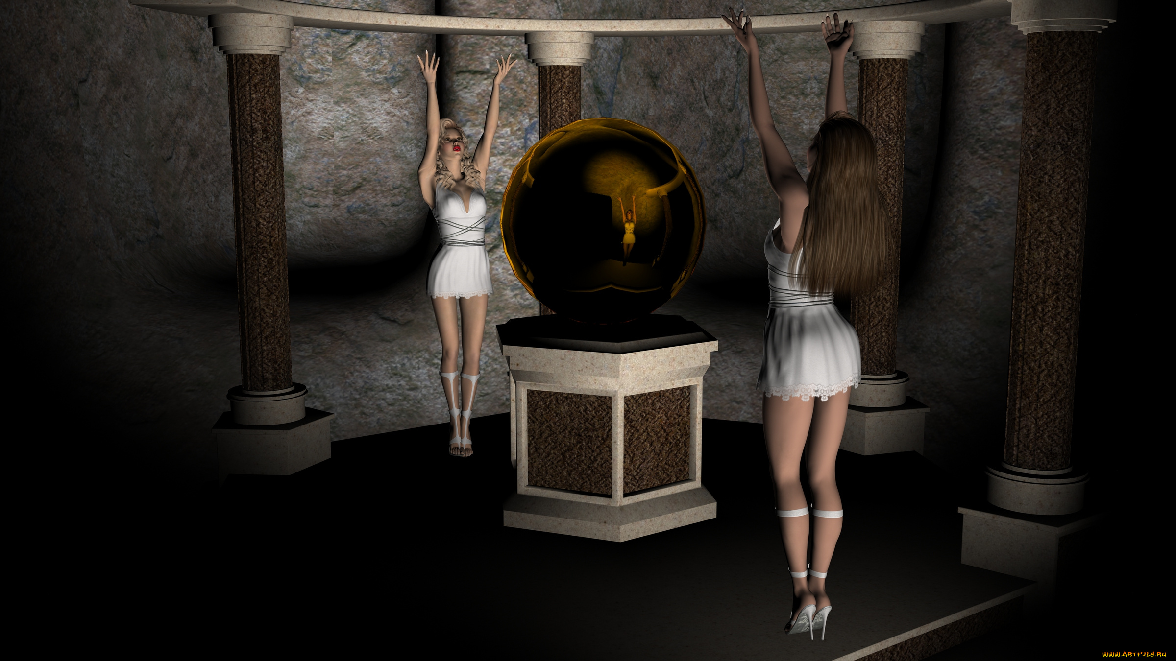 3д, графика, фантазия, , fantasy, колоны, шар, девушки