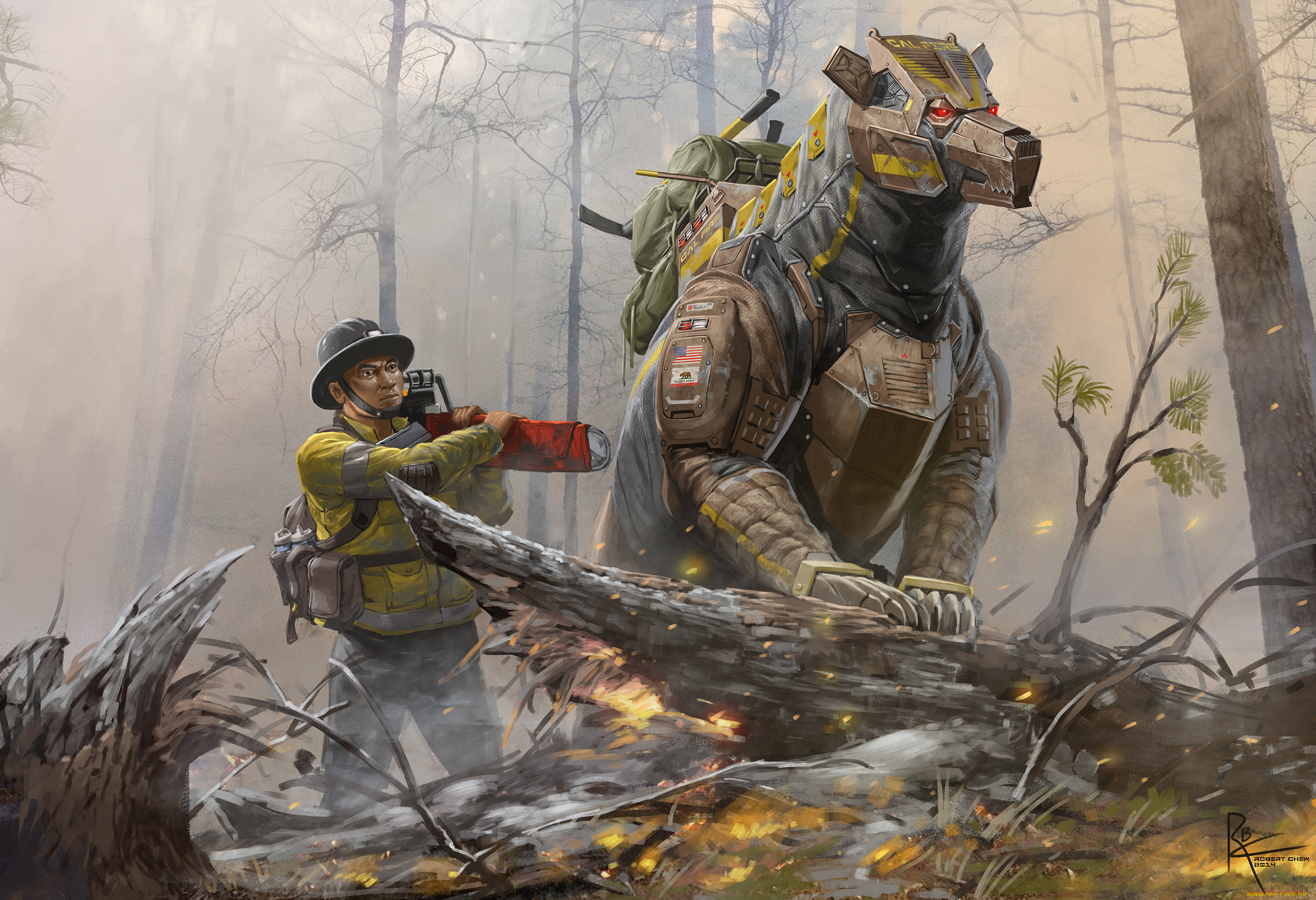 фэнтези, роботы, , киборги, , механизмы, человек, взгляд, робот, гиганская, собака, арт, robert, chew, бензопила