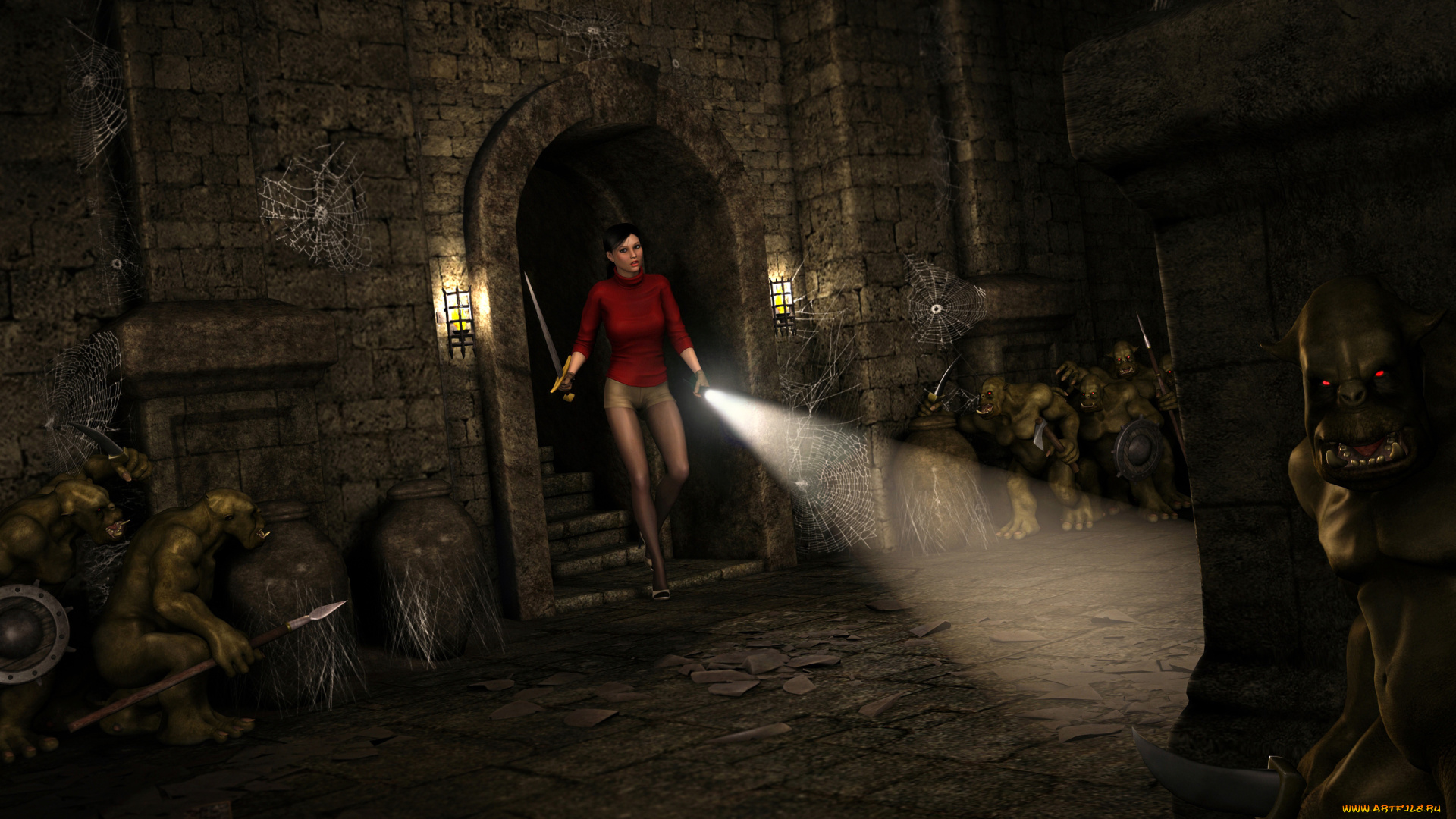 3д, графика, фантазия, , fantasy, взгляд, девушка, фонарик, оружие, фон, троли