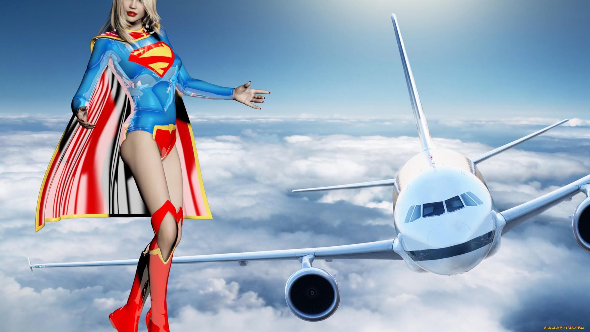 3д, графика, люди, , people, девушка, взгляд, фон, самолет