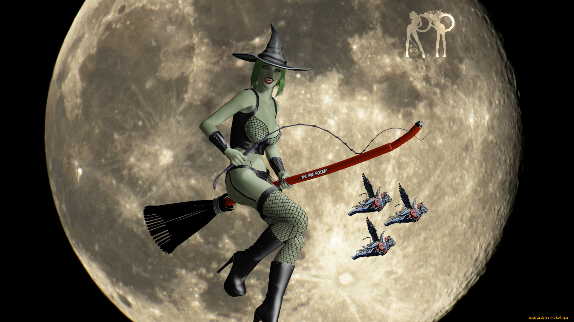 3д, графика, праздники, , holidays, метла, луна, ведьма