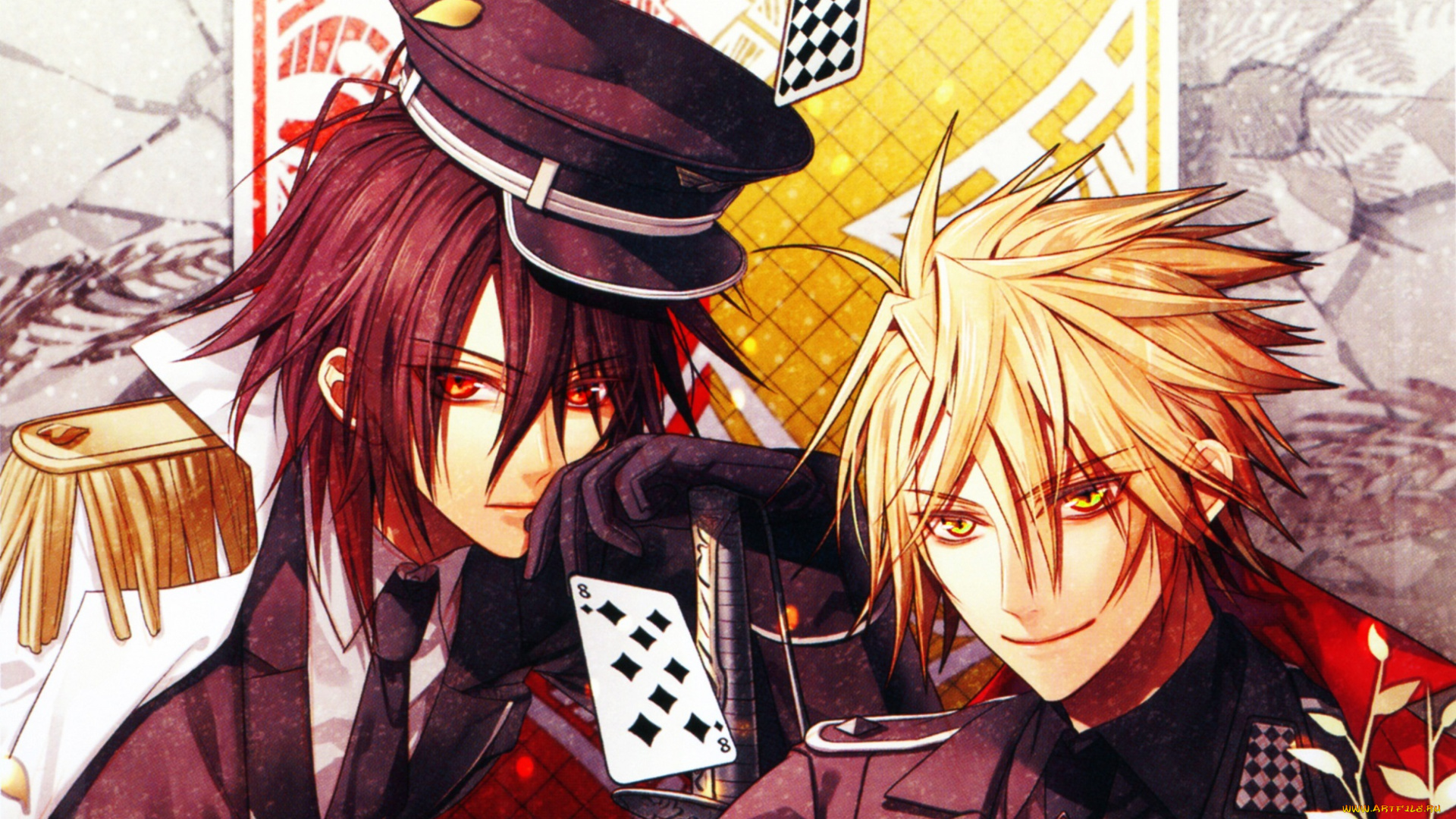 аниме, amnesia, листья, улыбки, красные, глаза, форма, карты, парни, toma, shin