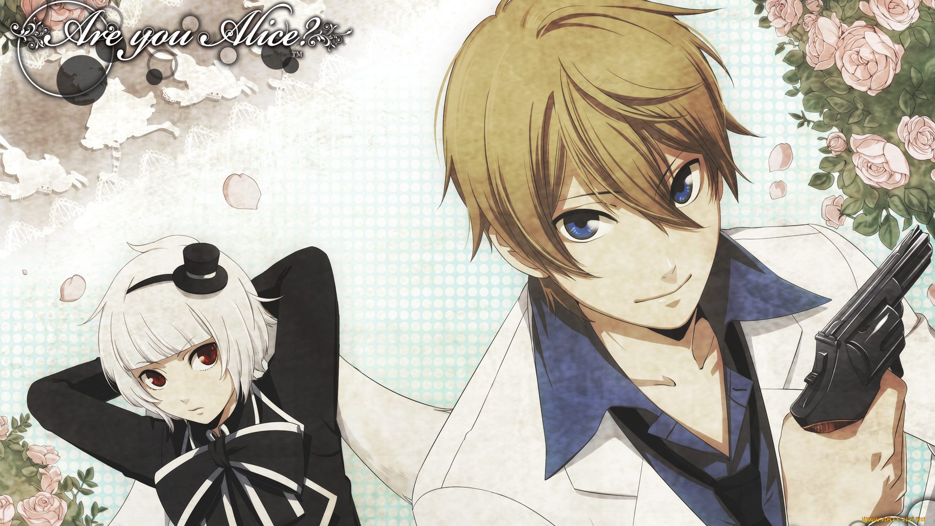 аниме, are, you, alice, белый, кролик, красные, глаза, шляпка, а, ты, алиса, alice, white, rabbit, are, you, бант, розы, цветы, уши, пистолет, парень