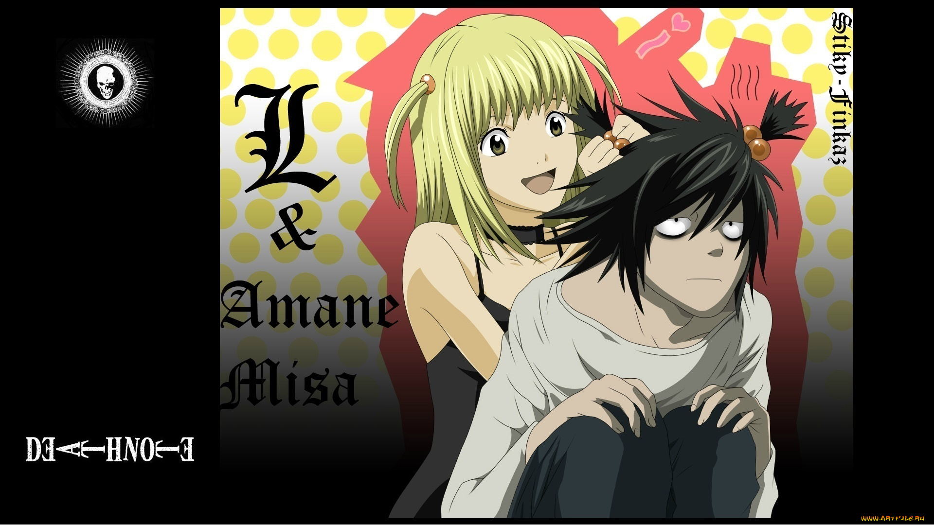 аниме, death, note, прическа, улыбка, death, note, takeshi, obata, art, двое, misa, amane, l