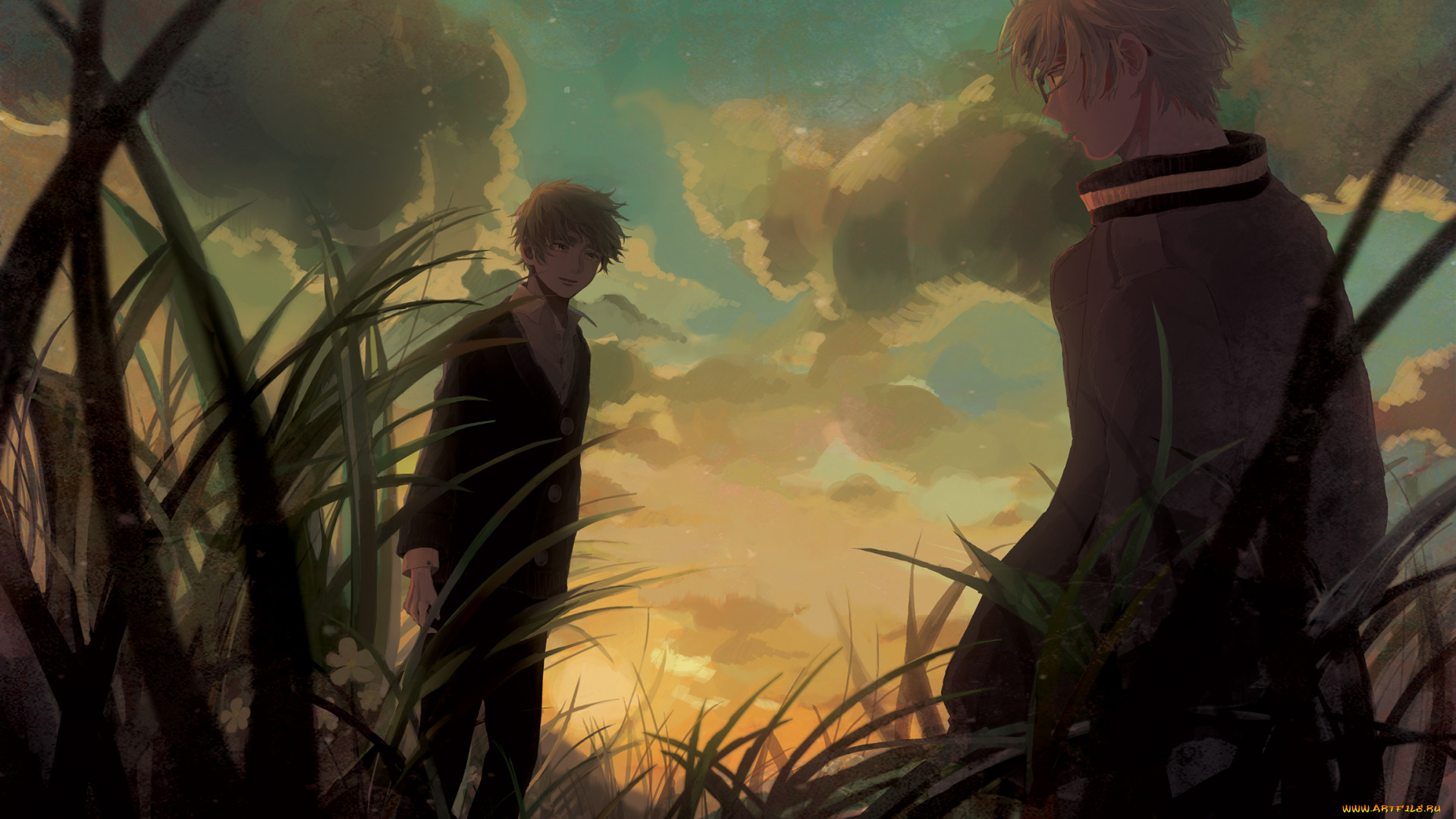 аниме, hetalia, , axis, powers, toku, арт, трава, парни, america, united, kingdom, закат, хеталия, и, страны, оси, цветы, облака, небо