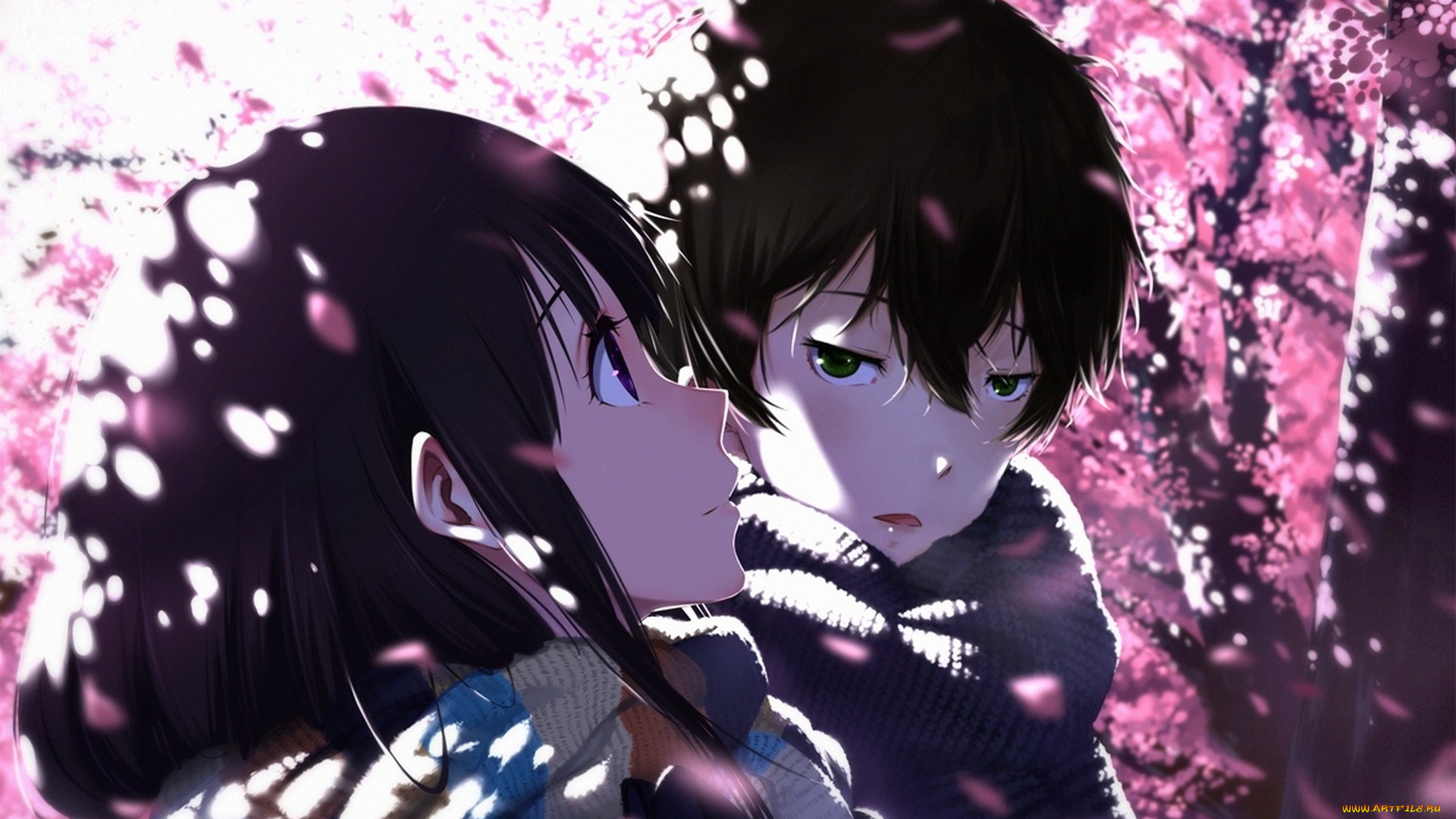 аниме, hyouka, шарф, парень, лепестки, девушка, oreki, houtarou, chitanda, eru, цветы, сакура, cici, арт