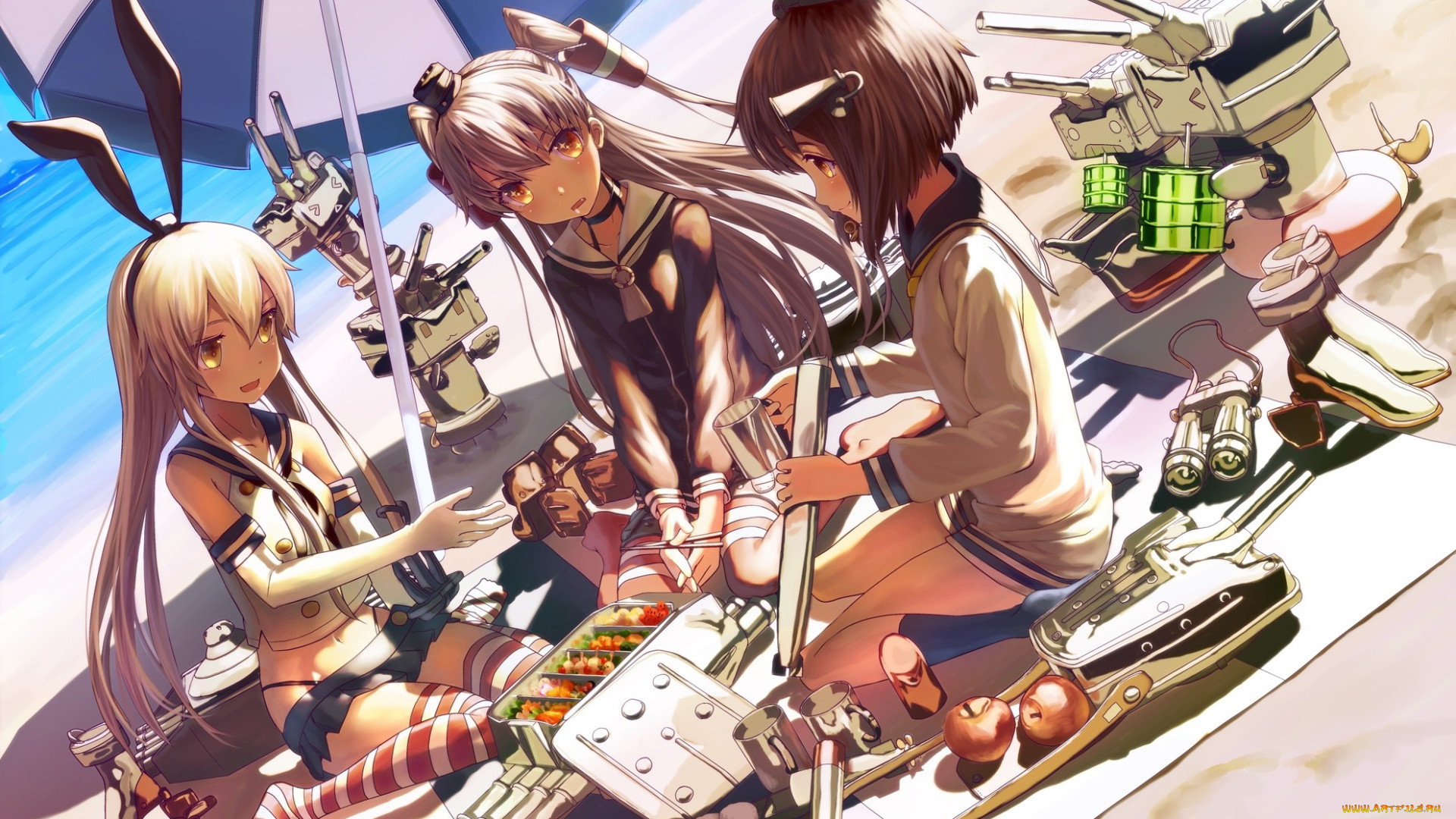 аниме, kantai, collection, пляж, фон, взгляд, девушки, зонтик