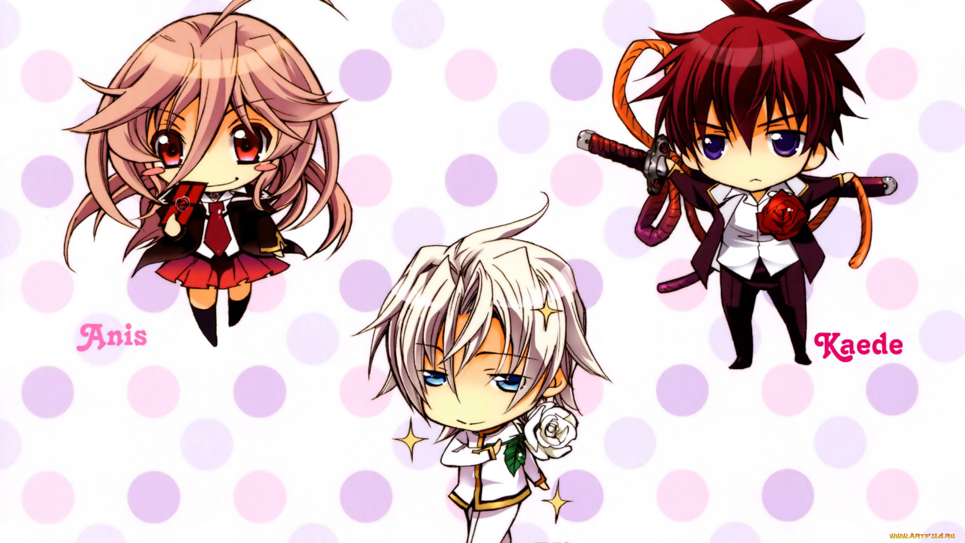 аниме, kiss, of, rose, princess, art, голубые, глаза, kiss, of, rose, princess, розовые, волосы, kaede, higa, anise, yumamoto, mitsuru, tenjoh, aya, shouoto, катана, аватары