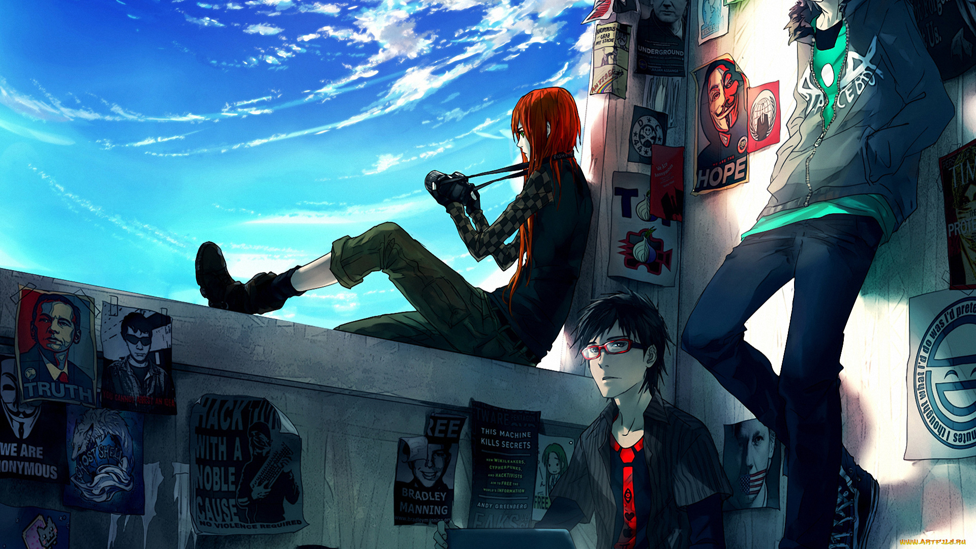 аниме, unknown, , другое, арт, fisheye, placebo, yuumei, девушка, vance, robin, frey, листовки, парни, фотокамера, наушники, ноутбук