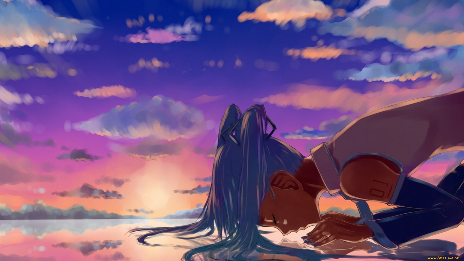 аниме, vocaloid, облака, небо, закат, девушка, hatsune, miku, jaco, арт